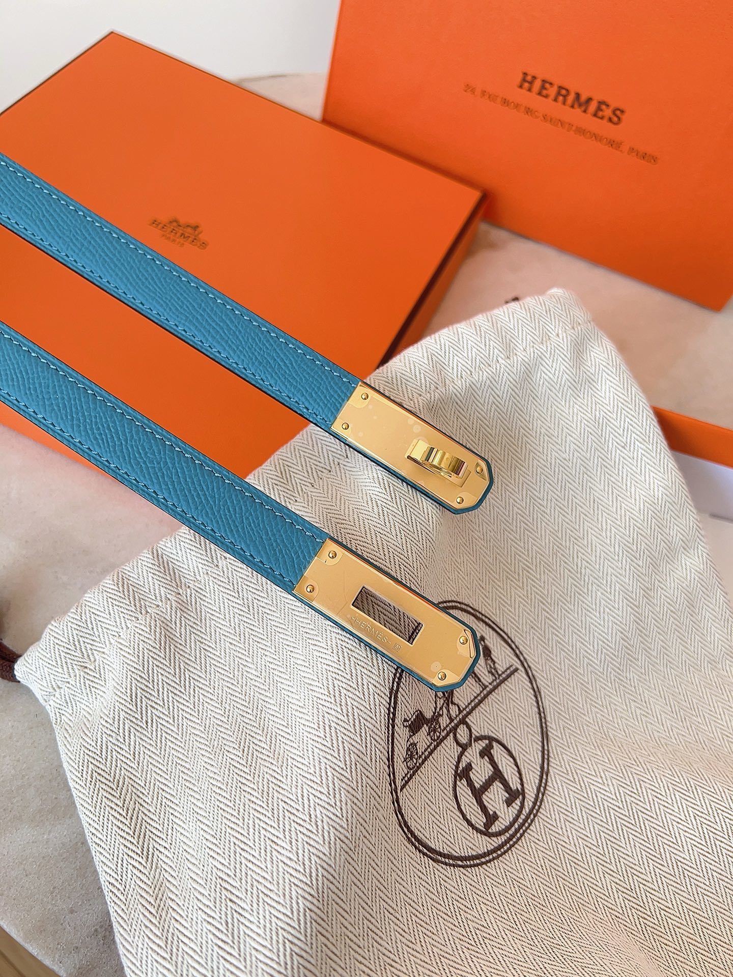 Hermès Kelly Belt - Blue Epsom Leather with Gold Hardware