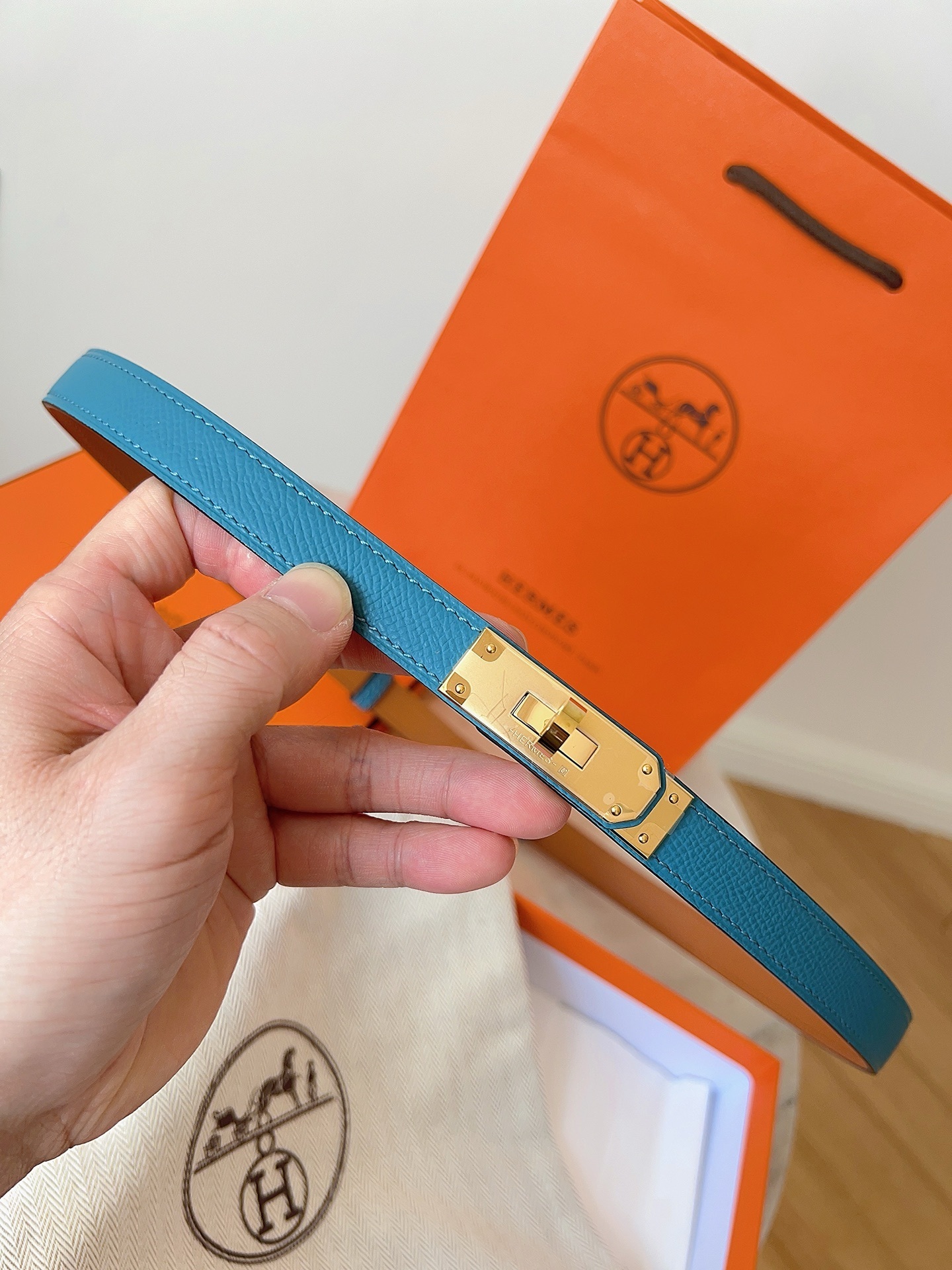 Hermès Kelly Belt - Blue Epsom Leather with Gold Hardware