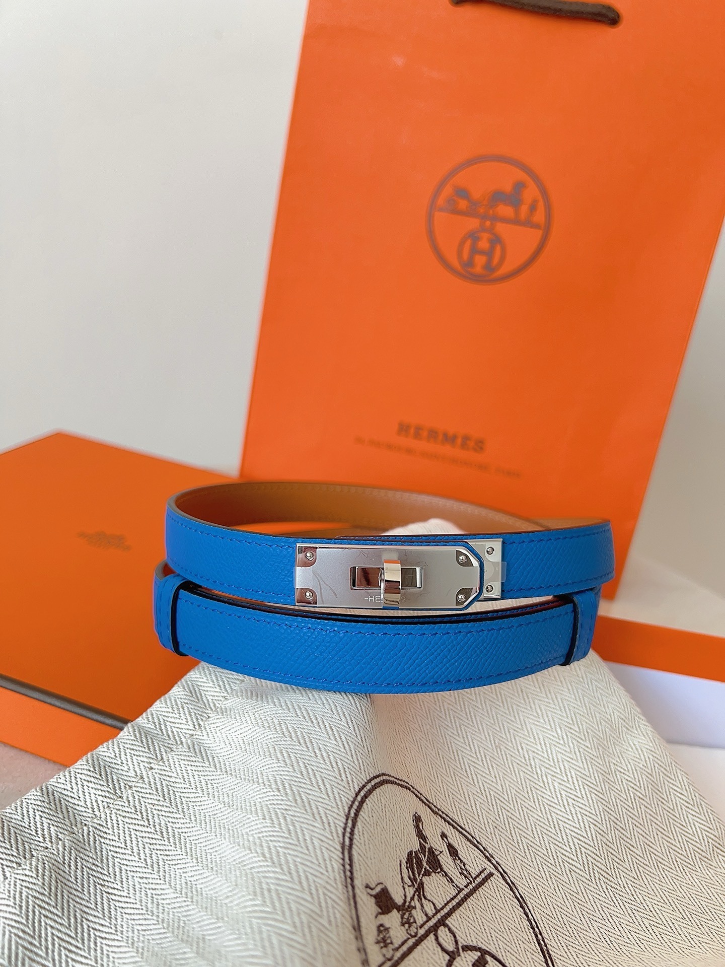 Hermes Kelly Double Tour Bracelet Blue Epsom Leather Gold Hardware