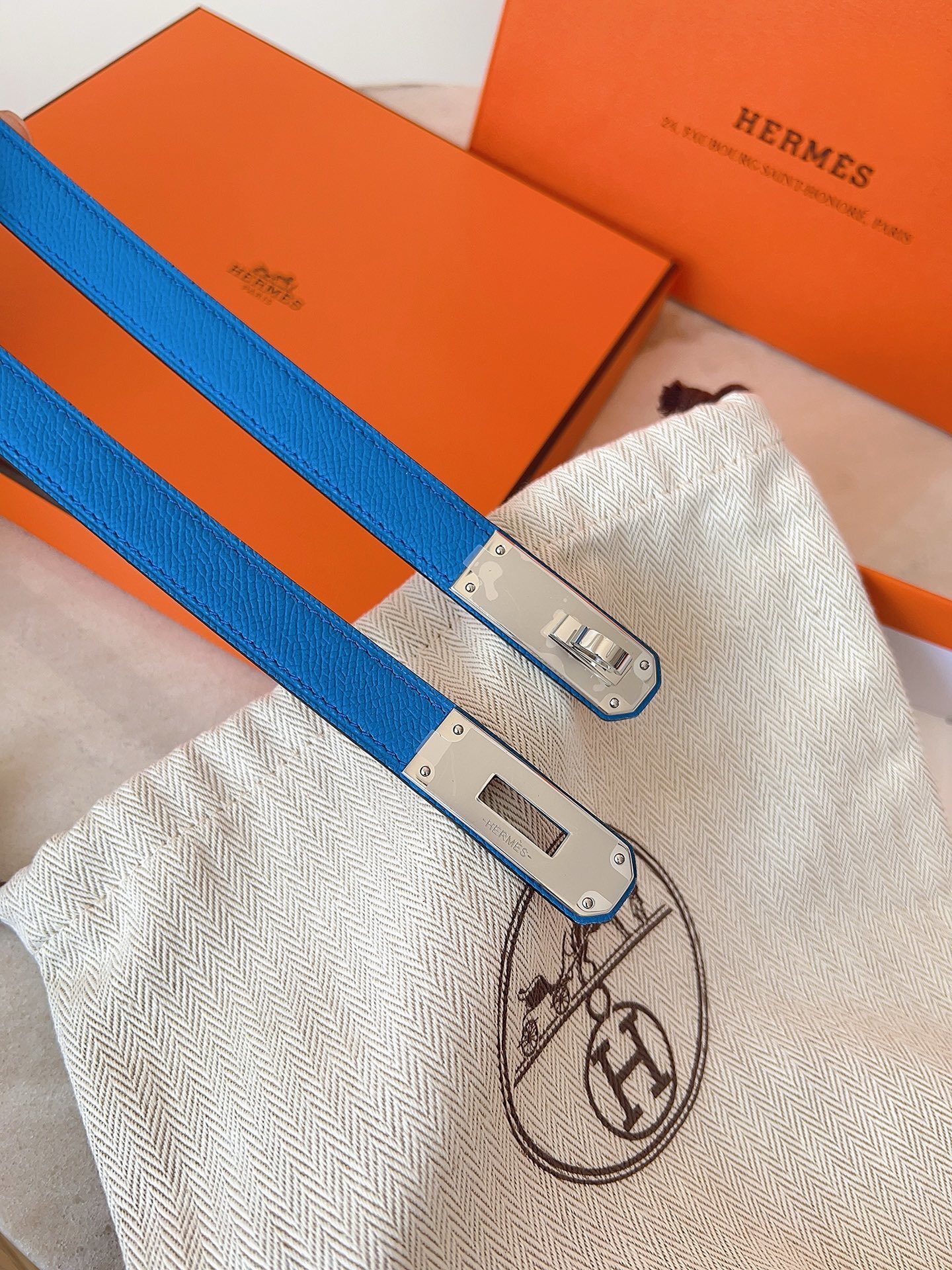 Hermes Kelly Double Tour Bracelet Blue Epsom Leather Gold Hardware