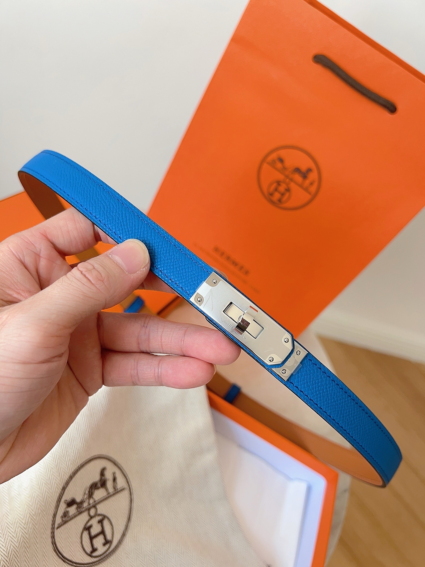 Hermes Kelly Double Tour Bracelet Blue Epsom Leather Gold Hardware