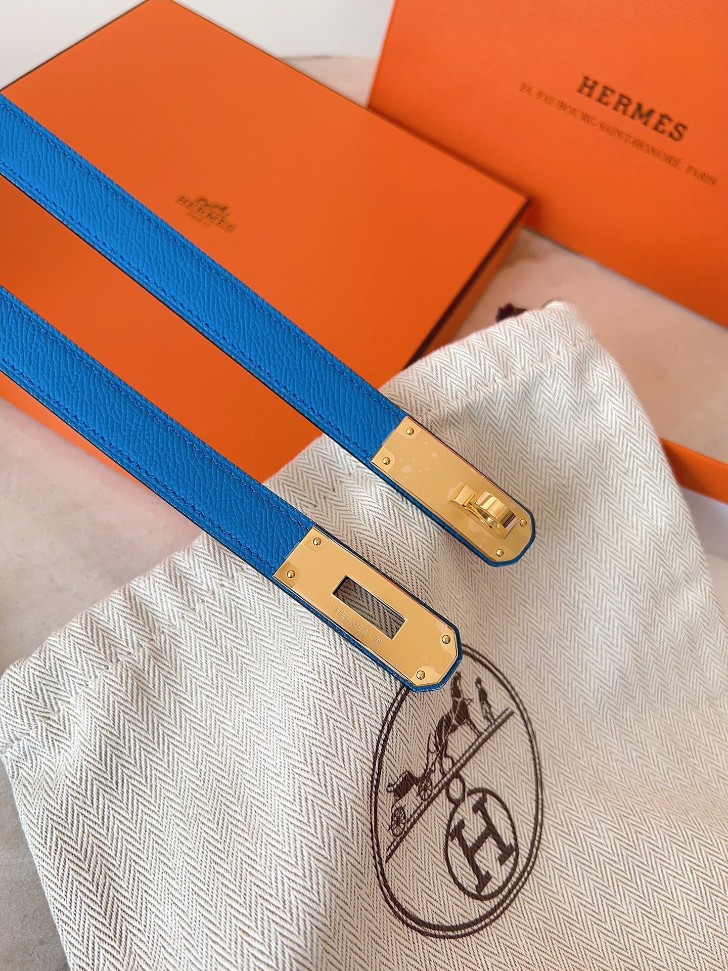 Hermes Kelly Double Tour Bracelet Blue Epsom Leather Gold Hardware