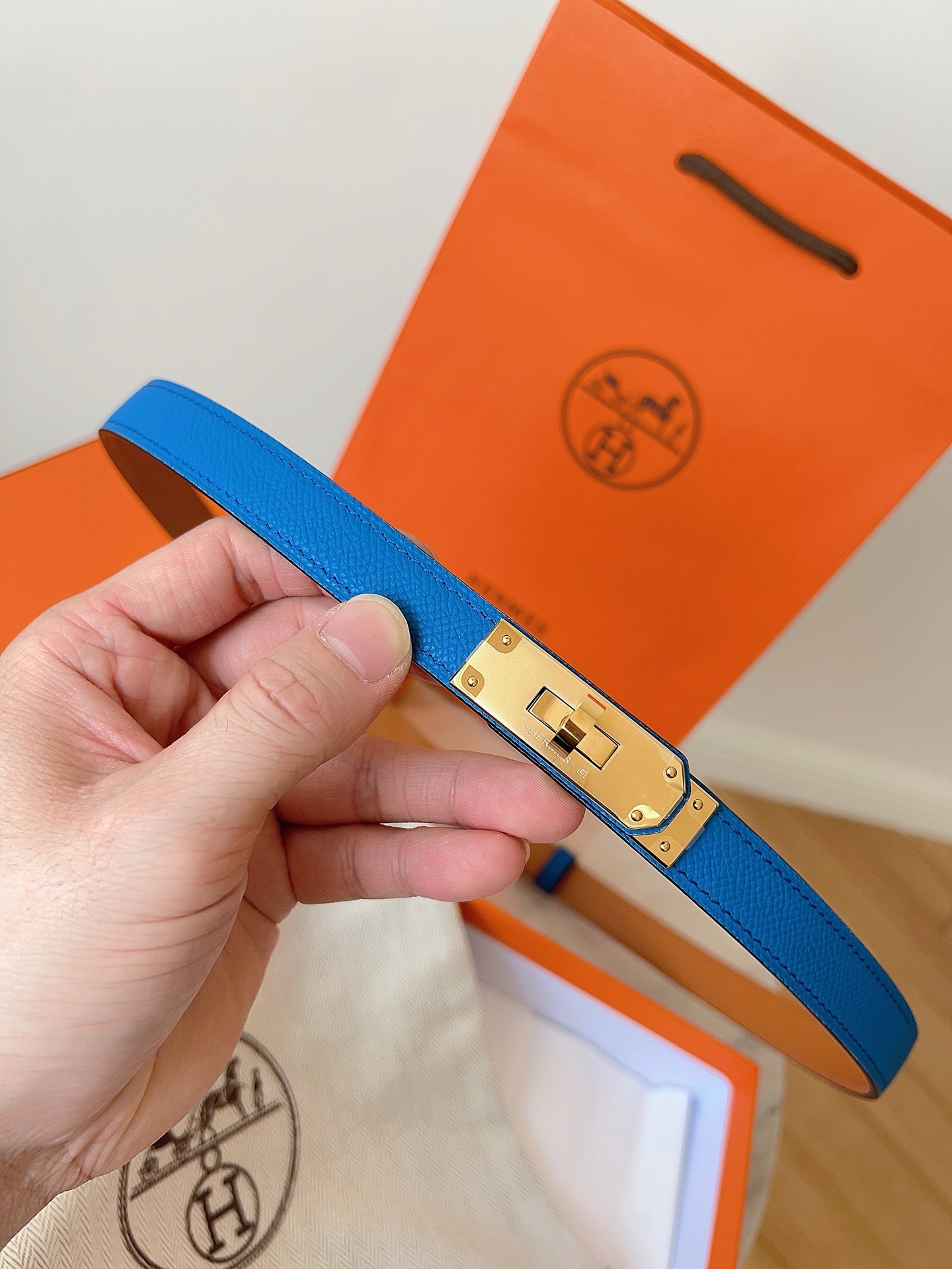 Hermes Kelly Double Tour Bracelet Blue Epsom Leather Gold Hardware