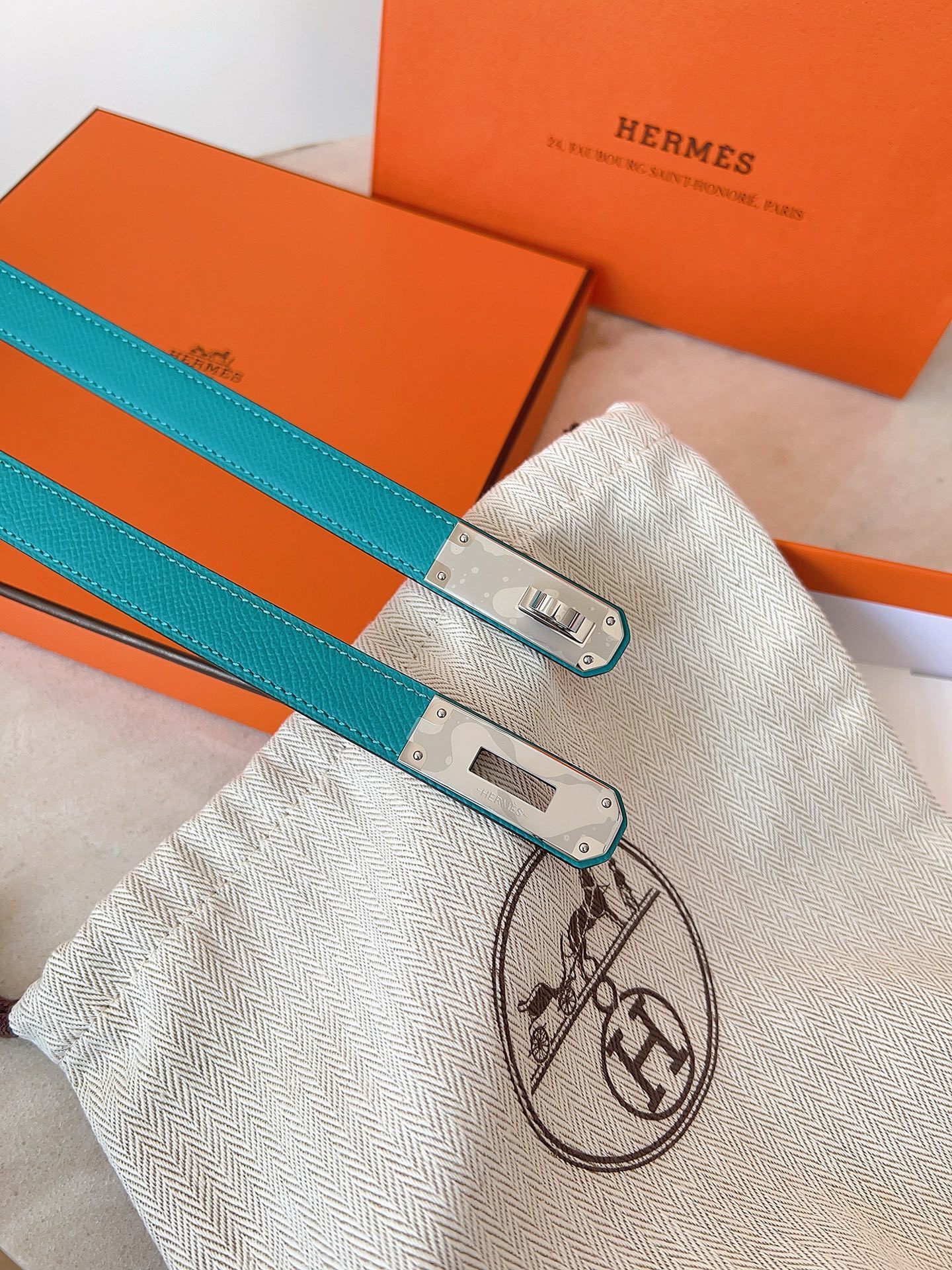 Hermes Kelly Double Tour Bracelet - Teal Epsom Leather Gold Hardware