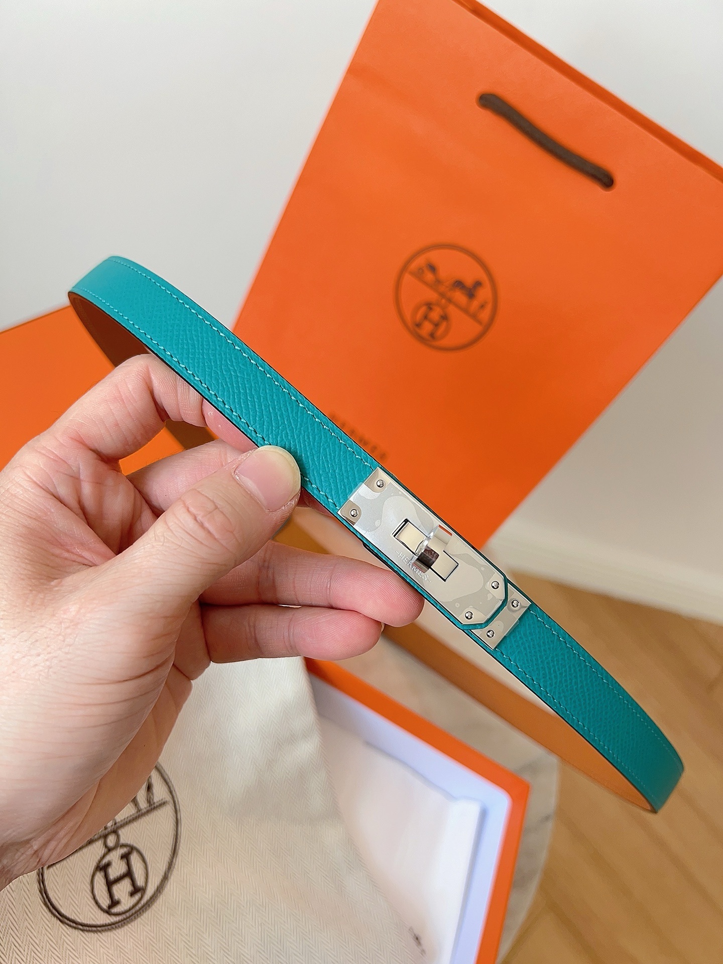 Hermes Kelly Double Tour Bracelet - Teal Epsom Leather Gold Hardware