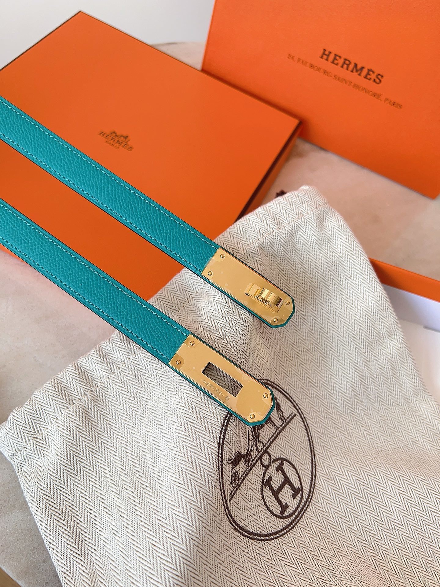 Hermes Kelly Double Tour Bracelet - Teal Epsom Leather Gold Hardware