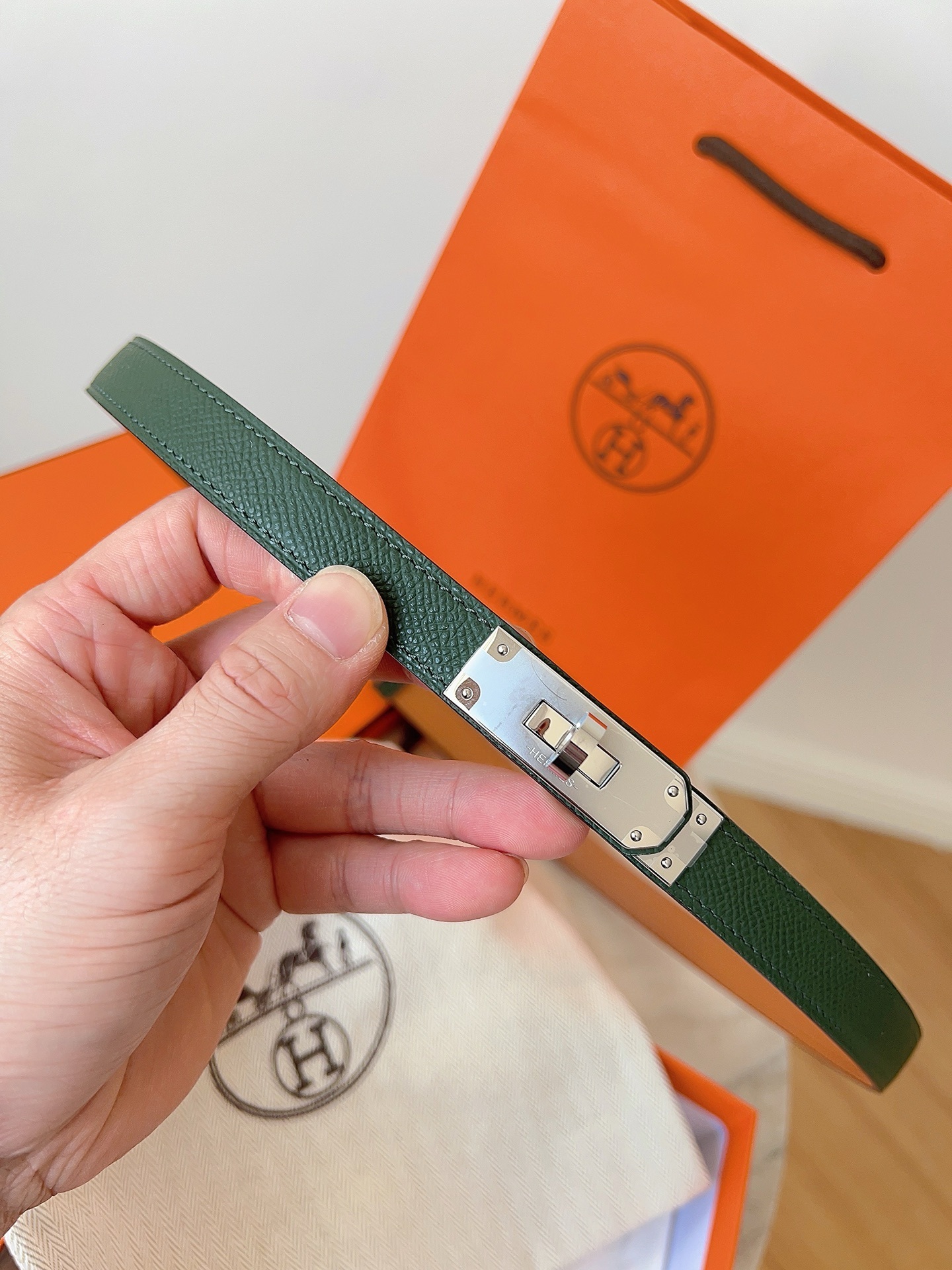 Hermes Kelly Belt Green Epsom Leather with Gold Hardware