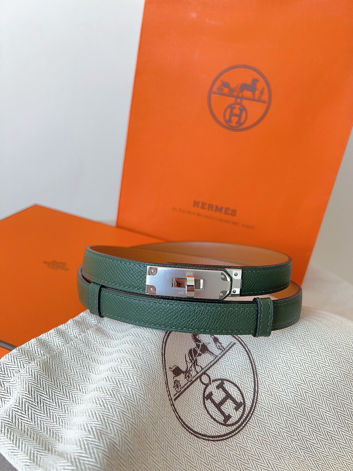 Hermes Kelly Belt Green Epsom Leather with Gold Hardware