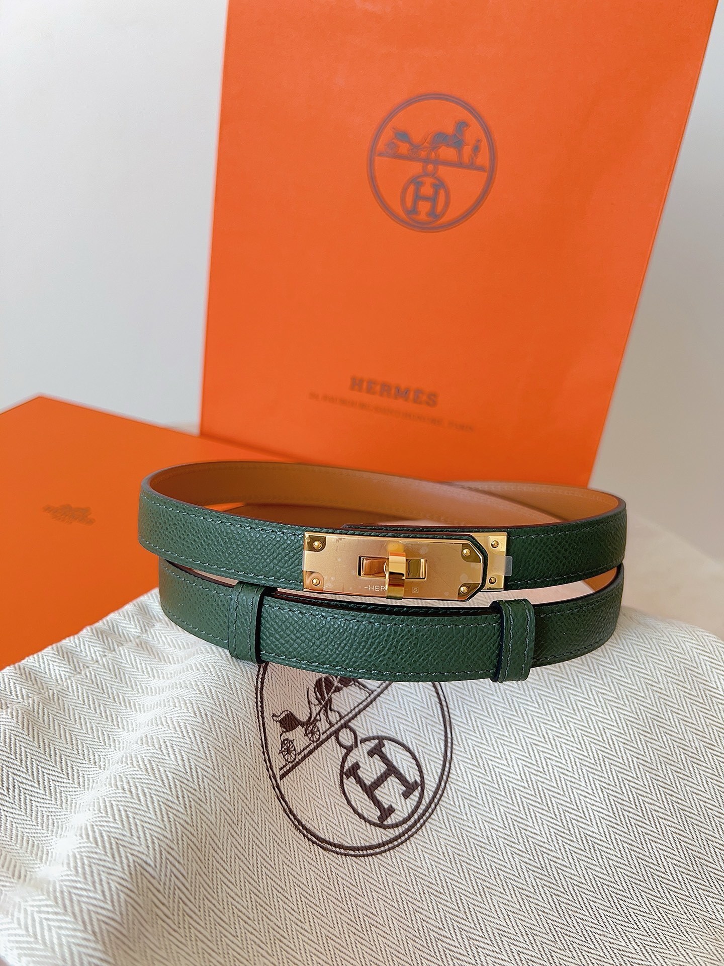 Hermes Kelly Belt Green Epsom Leather with Gold Hardware
