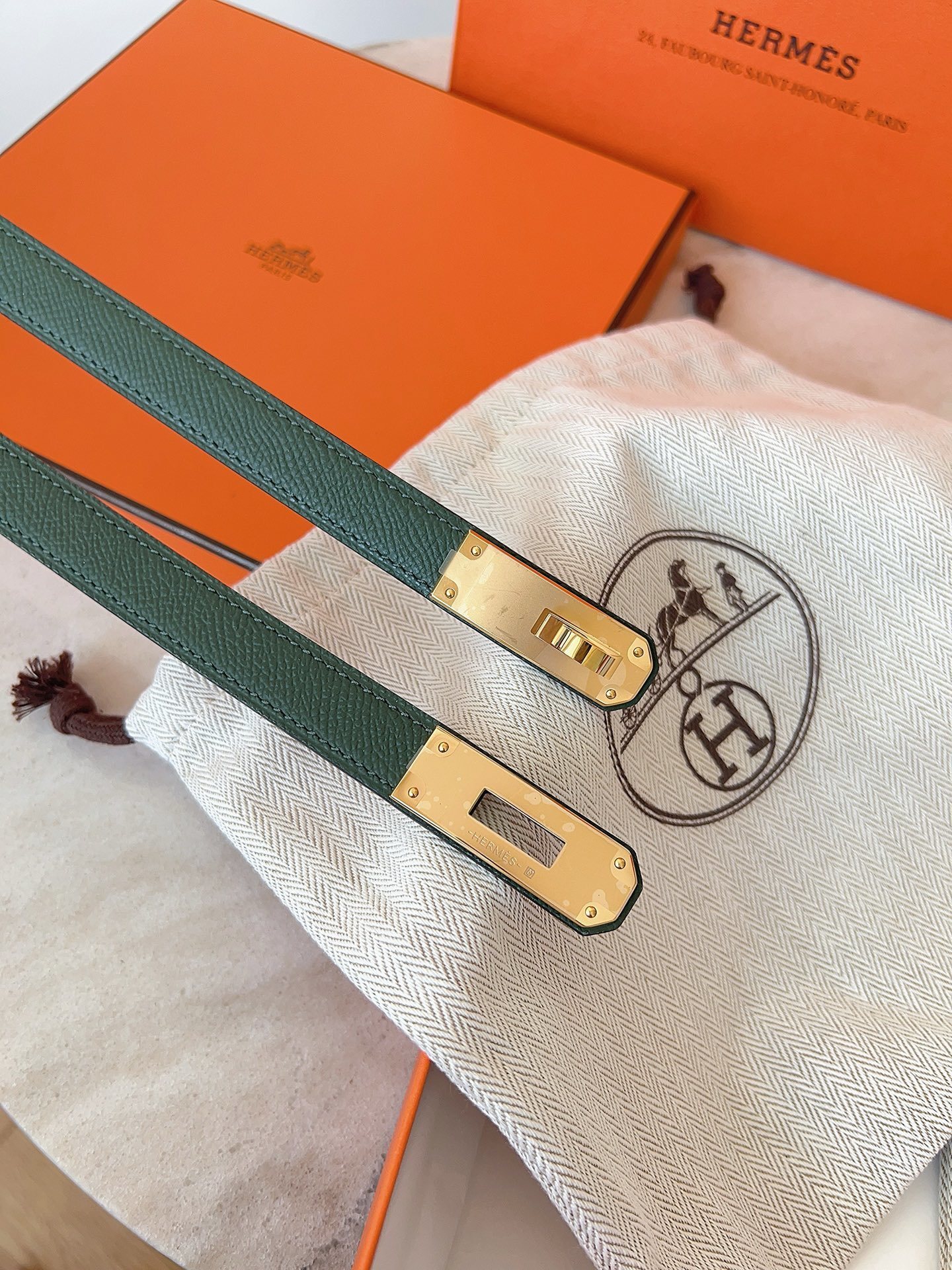 Hermes Kelly Belt Green Epsom Leather with Gold Hardware