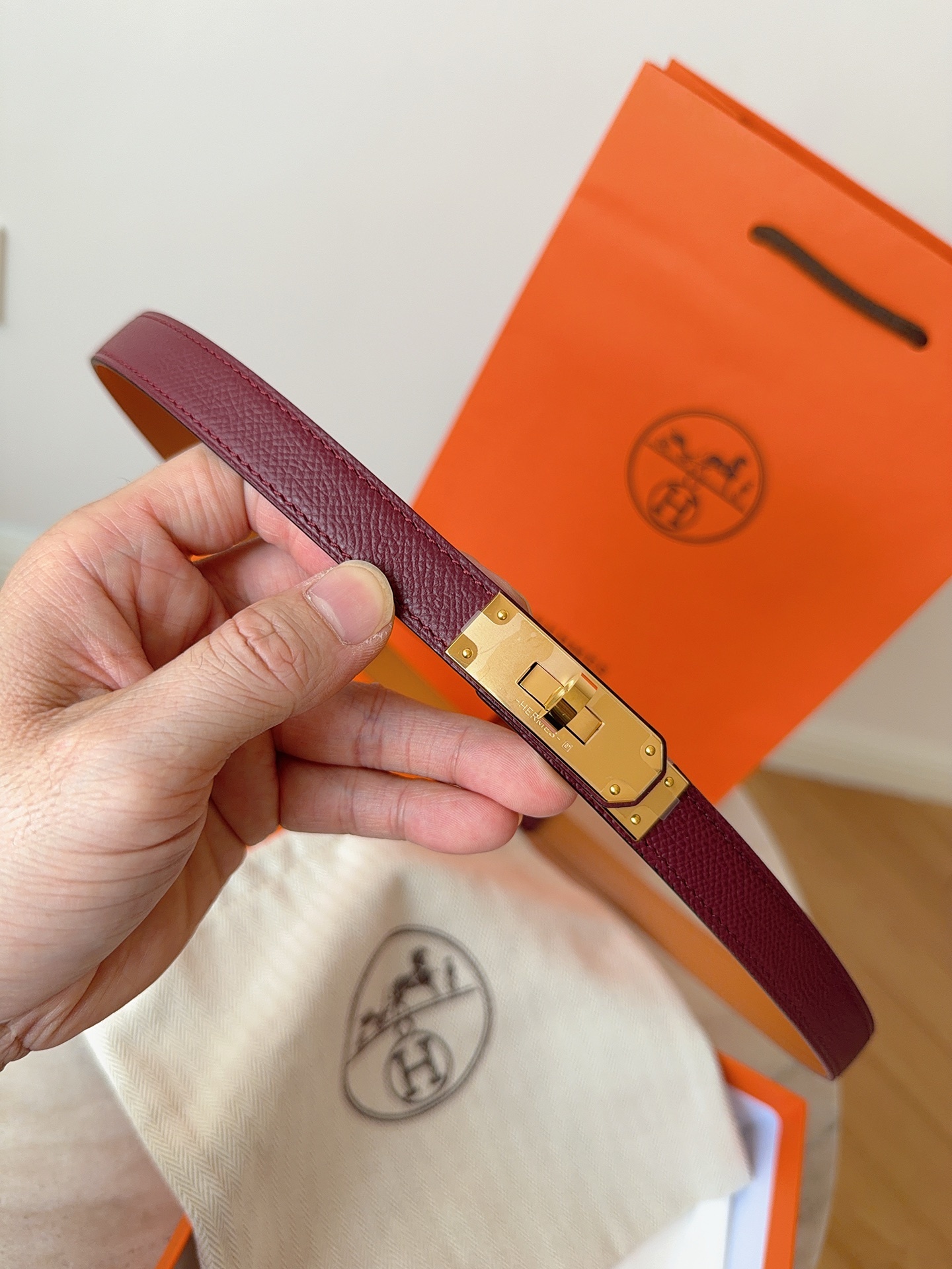 Hermes Kelly Double Tour Bracelet - Burgundy Leather Gold Buckle