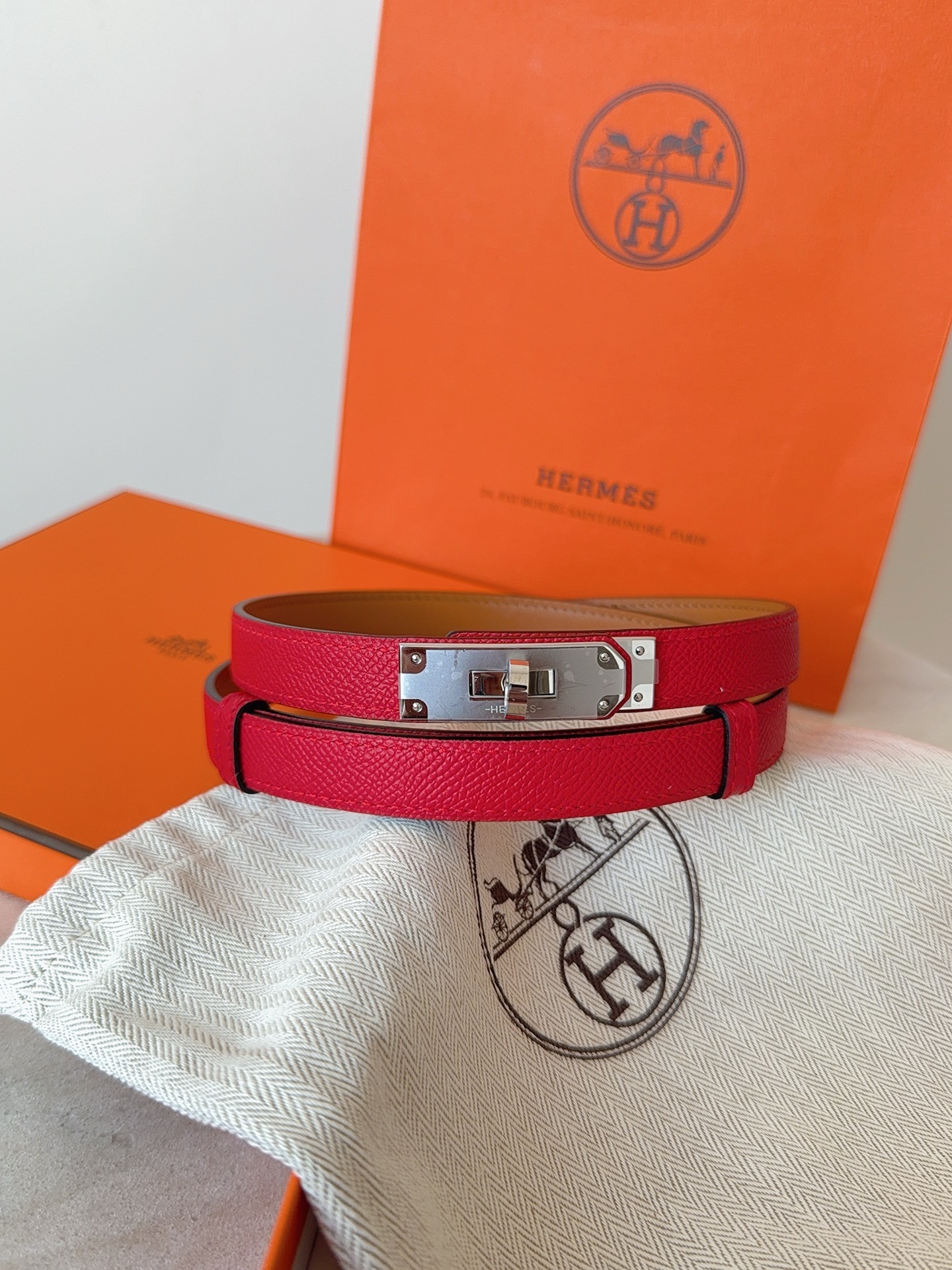 Hermes Kelly Double Tour Bracelet Red Epsom Leather Gold Hardware