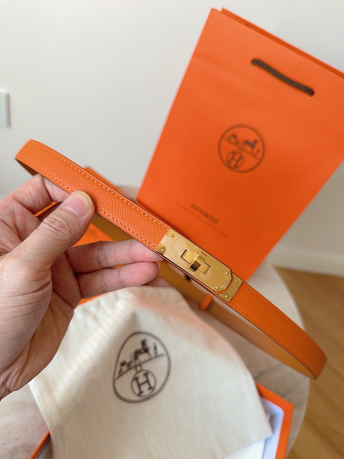 Hermès Kelly Belt in Orange Epsom Leather with Gold Hardware