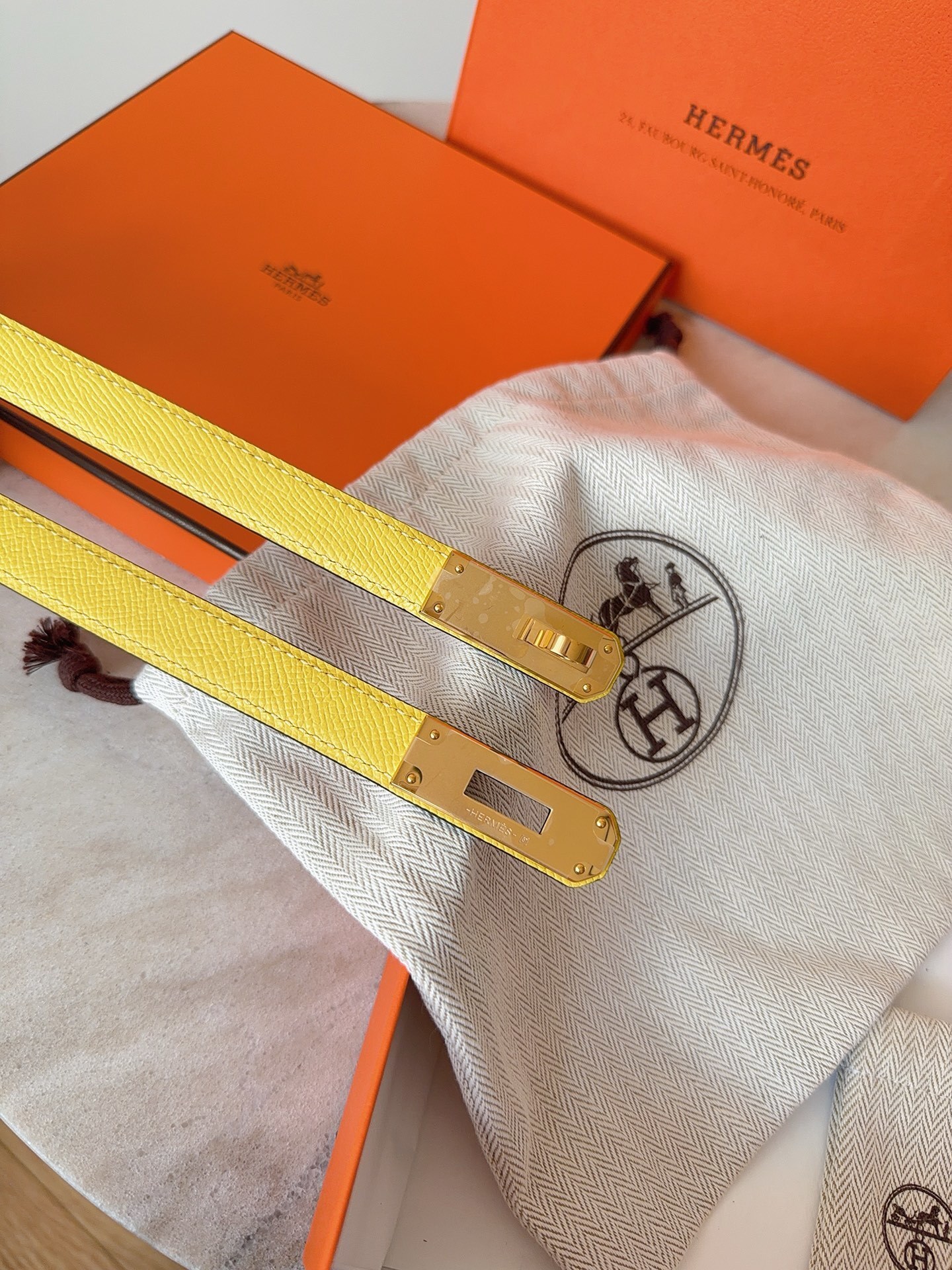 Hermes Kelly Double Tour Bracelet Yellow Epsom Leather Gold Hardware