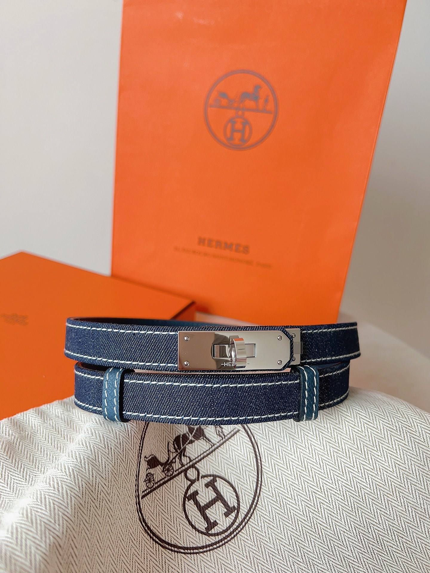 Hermes Kelly Double Tour Bracelet - Blue Denim with Gold Hardware