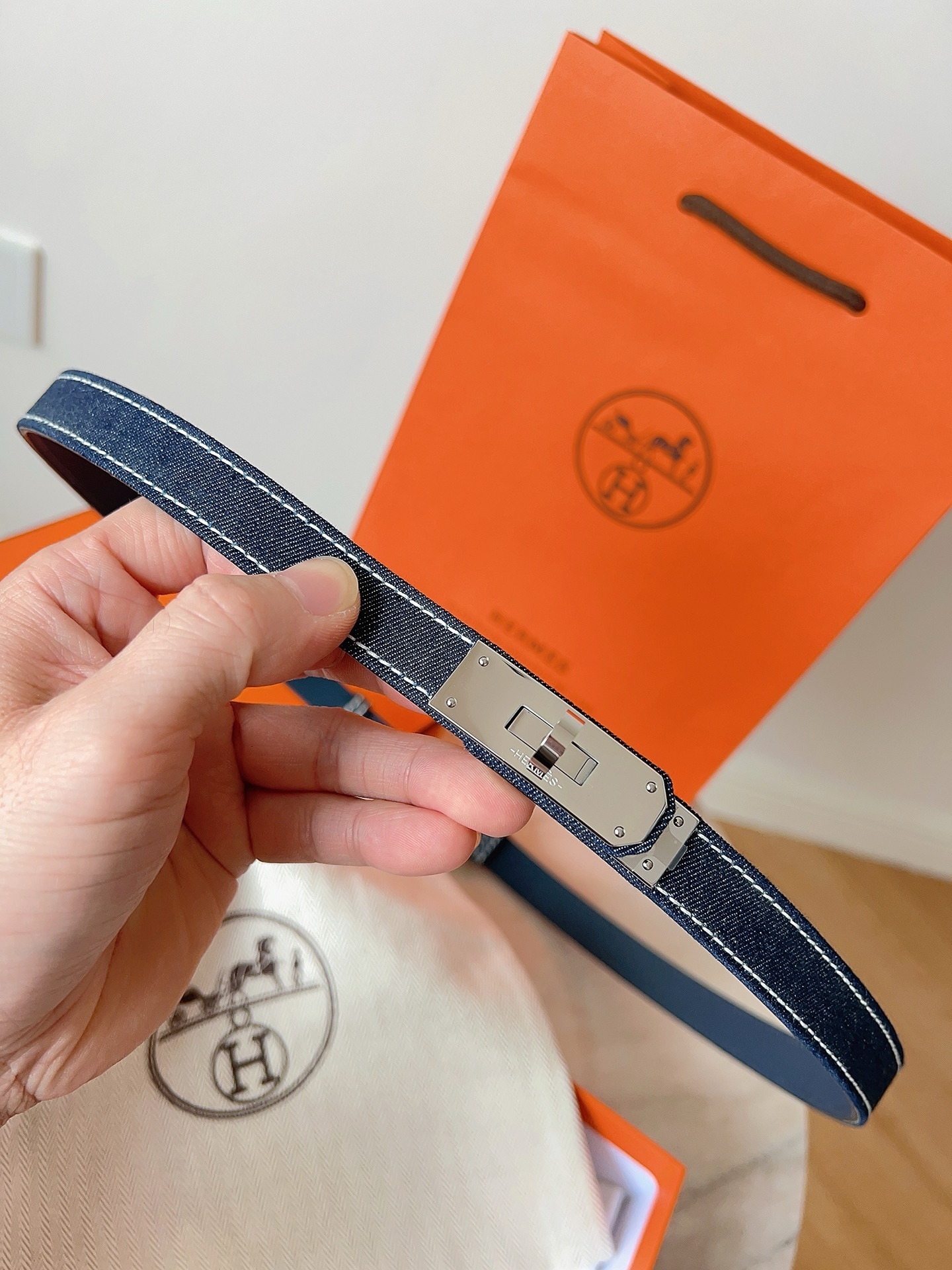 Hermes Kelly Double Tour Bracelet - Blue Denim with Gold Hardware