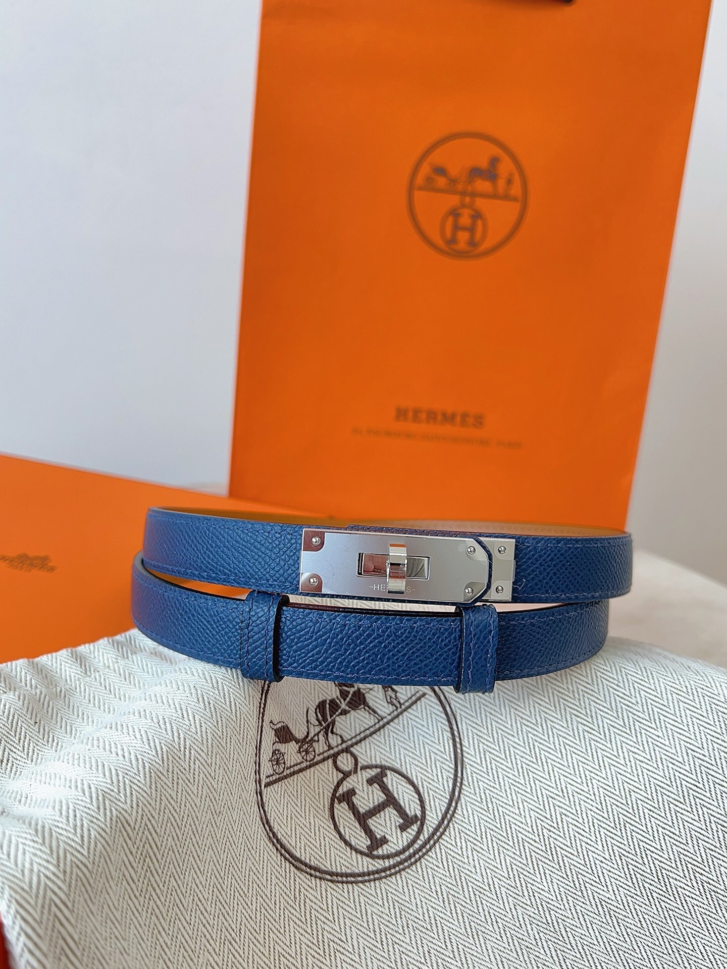 Hermes Kelly Double Tour Bracelet - Blue Leather & Gold Hardware
