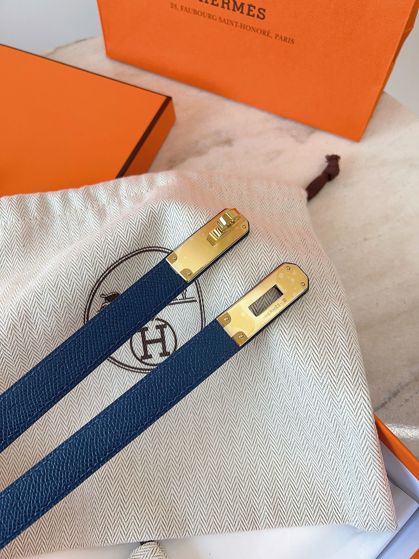 Hermes Kelly Double Tour Bracelet - Blue Leather & Gold Hardware