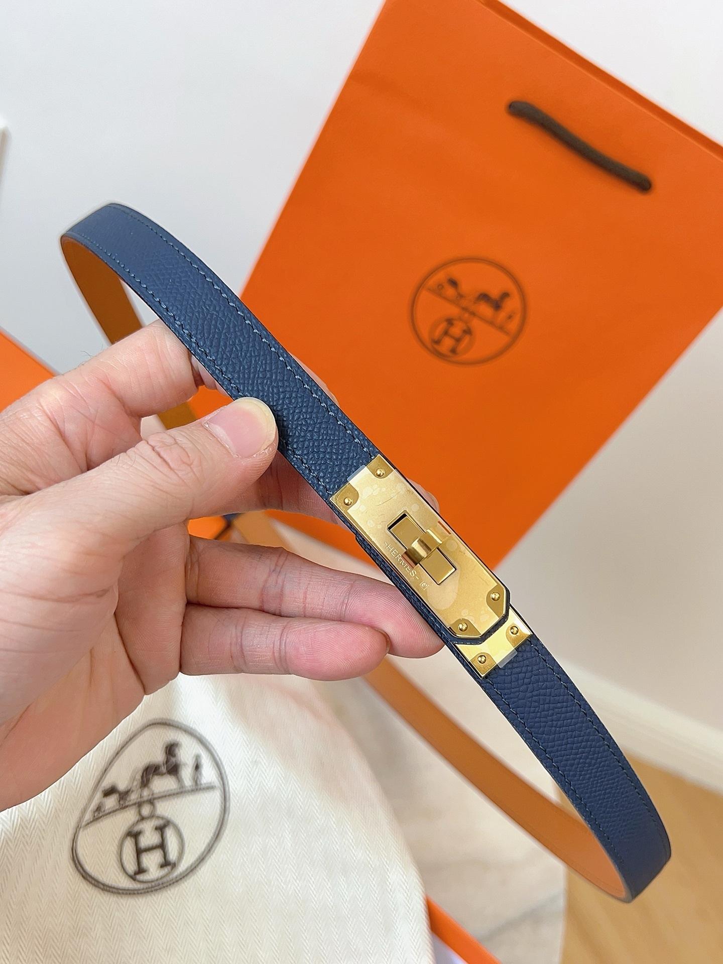 Hermès Kelly Double Tour Bracelet Blue Epsom Leather Gold Hardware