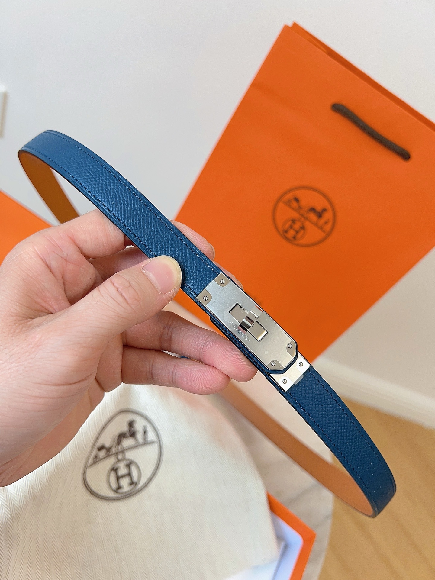 Hermès Kelly Belt Blue Epsom Leather with Gold Hardware