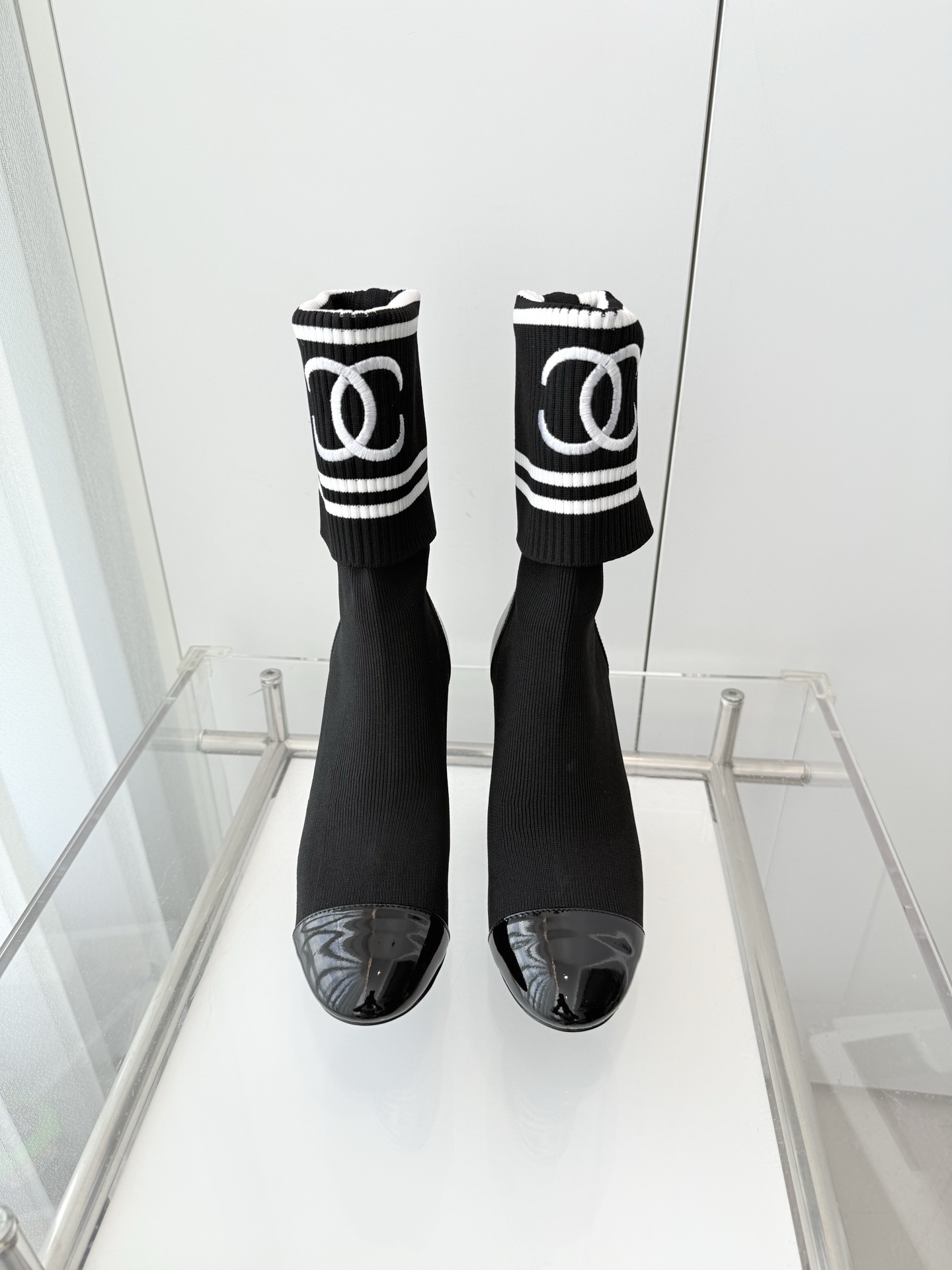 Elegant Black Knit Sock Boots with Patent Cap Toe & Chunky Heel