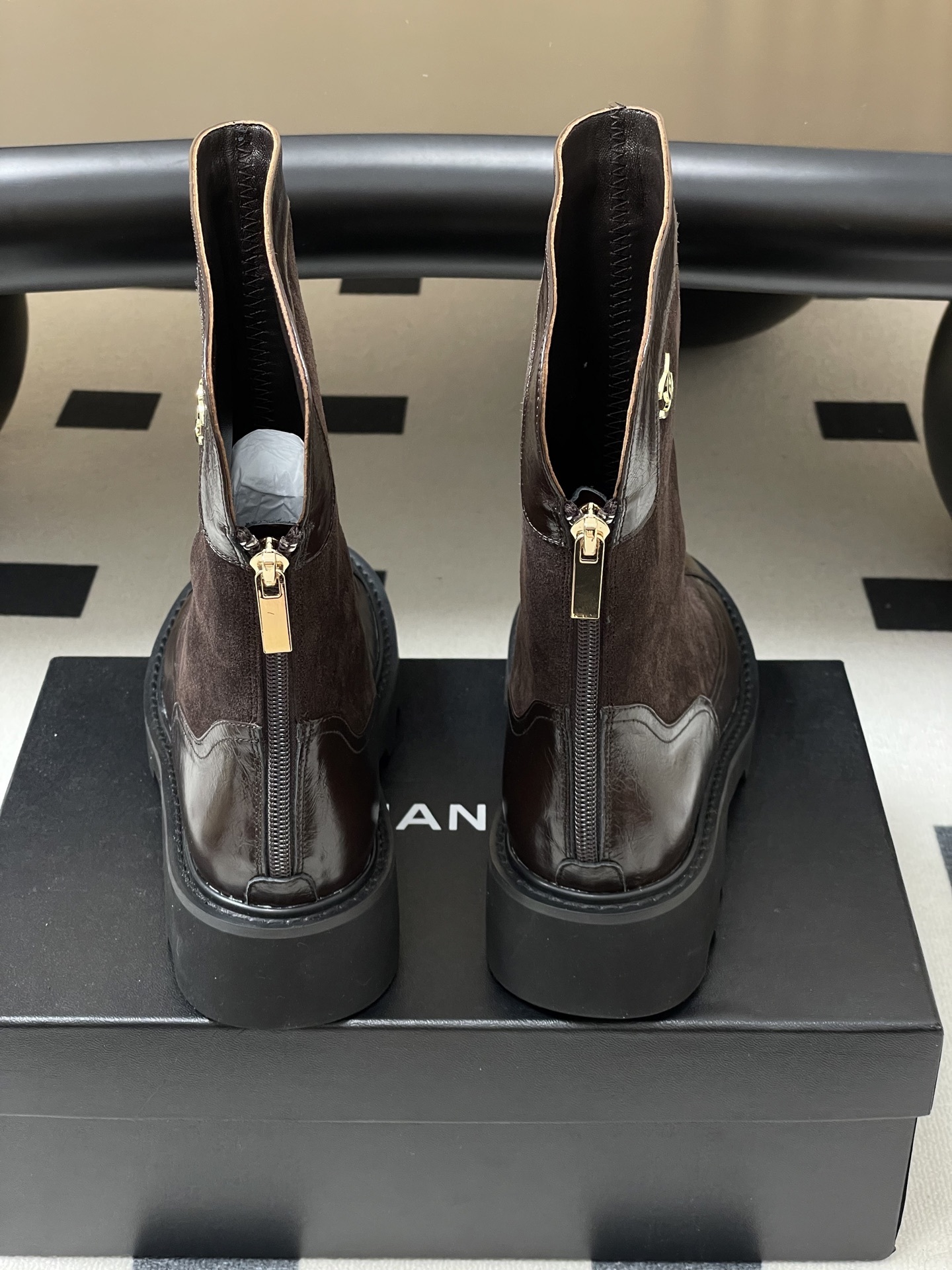 Pair of Chanel dark brown suede and leather mid-calf boots with chunky black lug soles and gold CC logo. - Hình 9