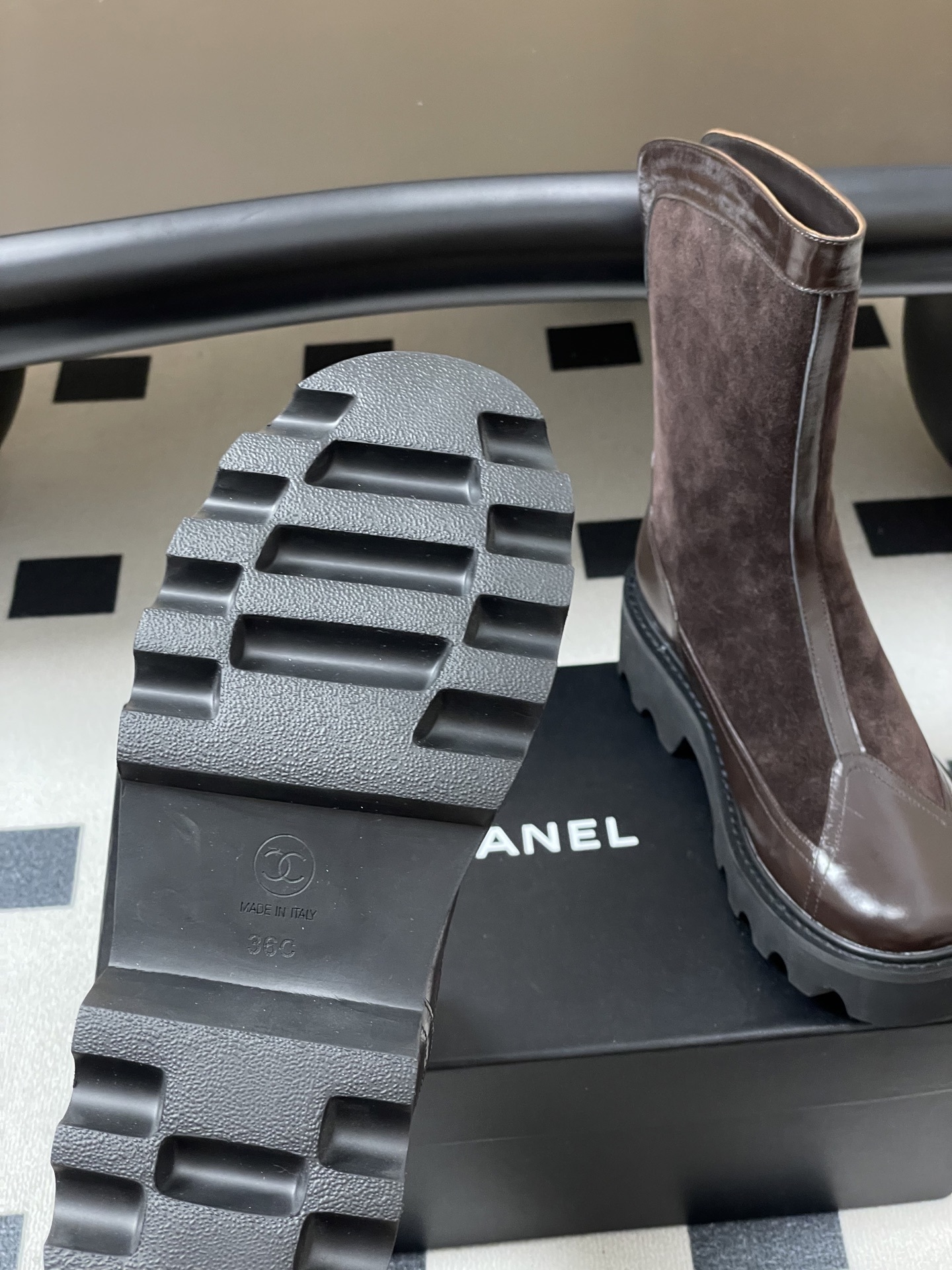 Pair of Chanel dark brown suede and leather mid-calf boots with chunky black lug soles and gold CC logo. - Hình 7