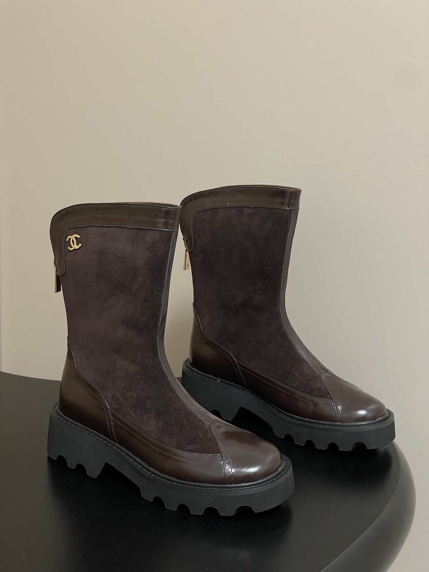 Elegant Dark Brown Suede & Leather Mid-Calf Boots with Lug Sole