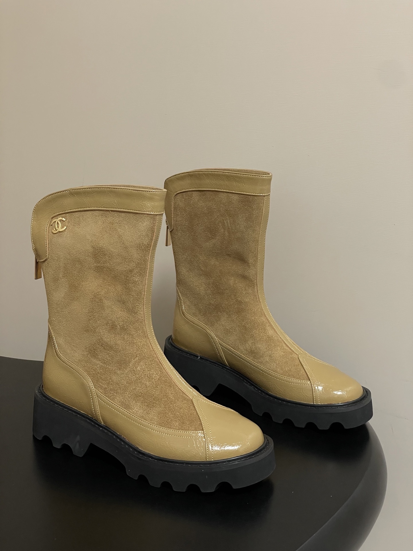 Luxury Beige Suede & Patent Leather Mid-Calf Boots with Lug Sole