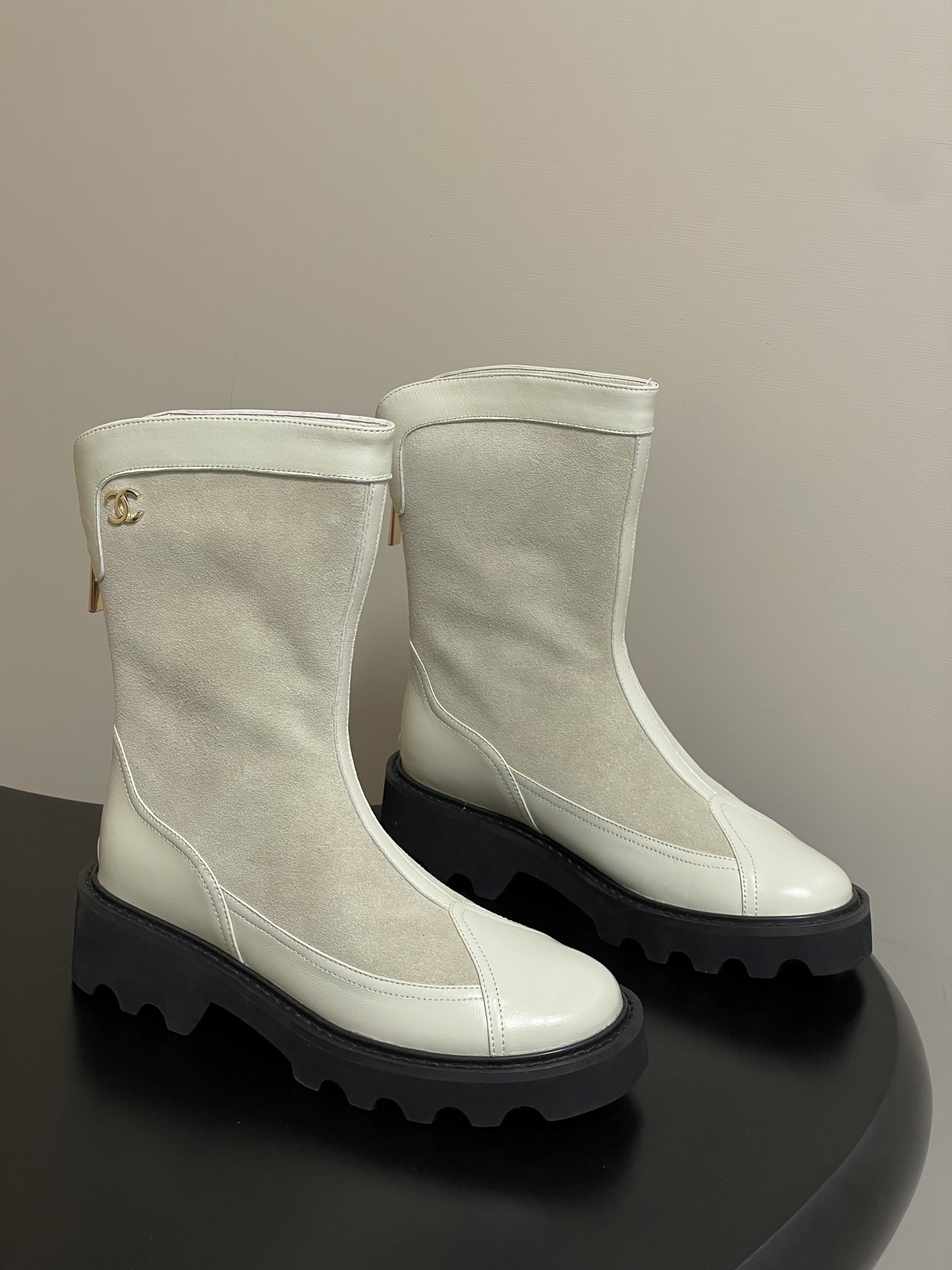 Chanel White Leather & Suede Mid-Calf Boots with Chunky Lug Sole