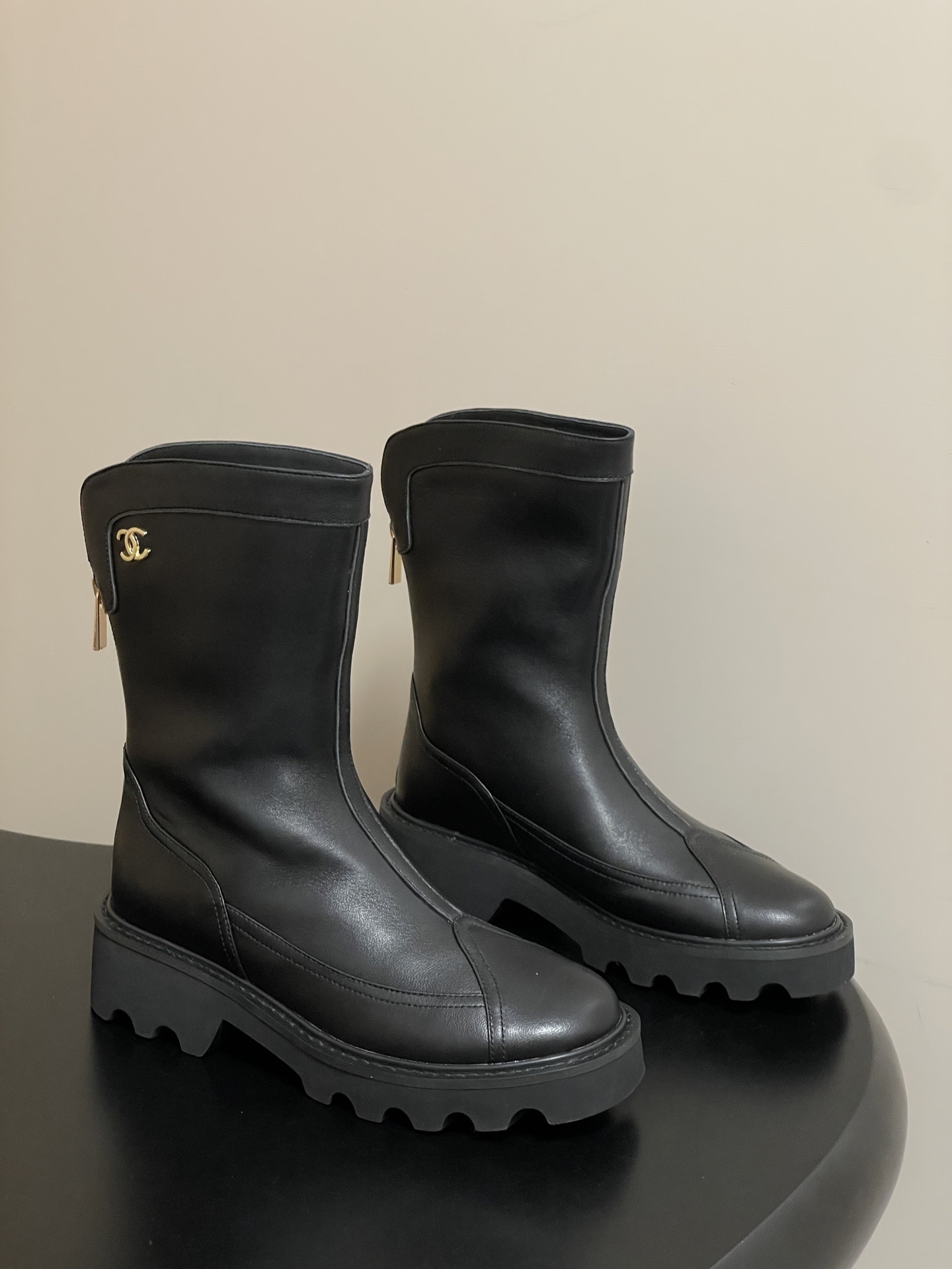 Chanel Style Black Leather Mid-Calf Boots with Gold CC Logo