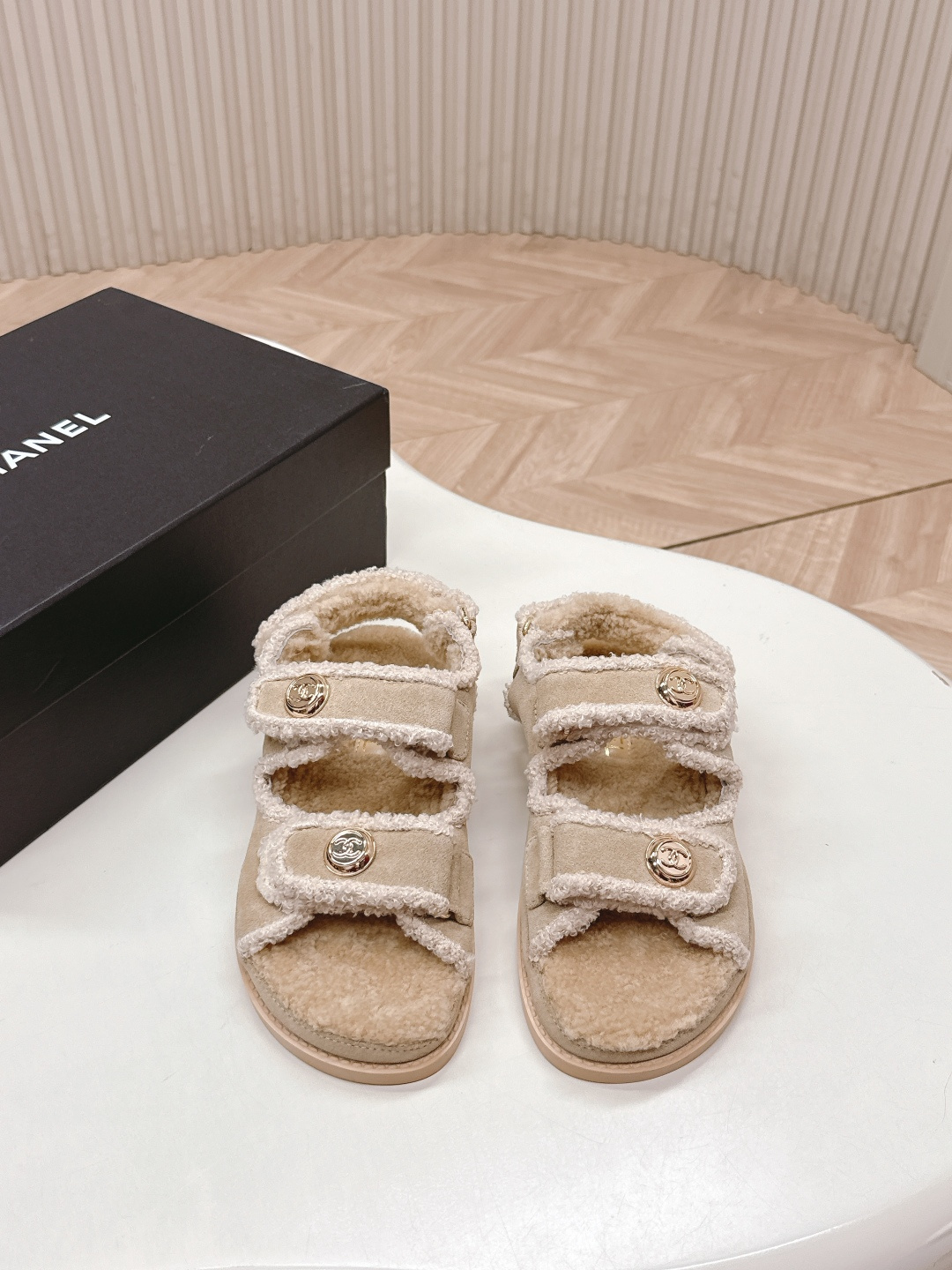 Chanel Beige Shearling Dad Sandals with Gold CC Logo Buttons