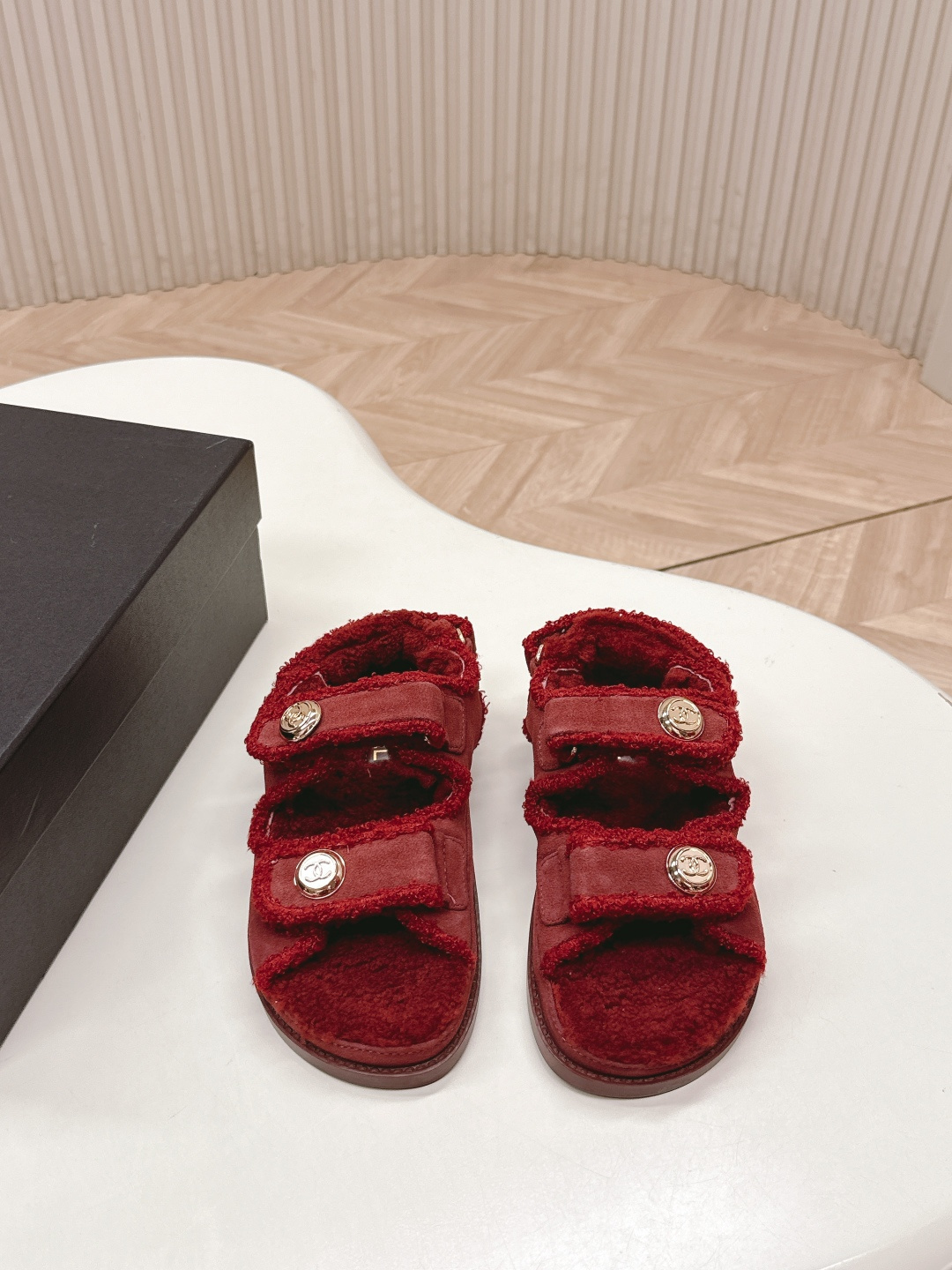 Red Shearling Suede Sandals with Gold Logo Buttons