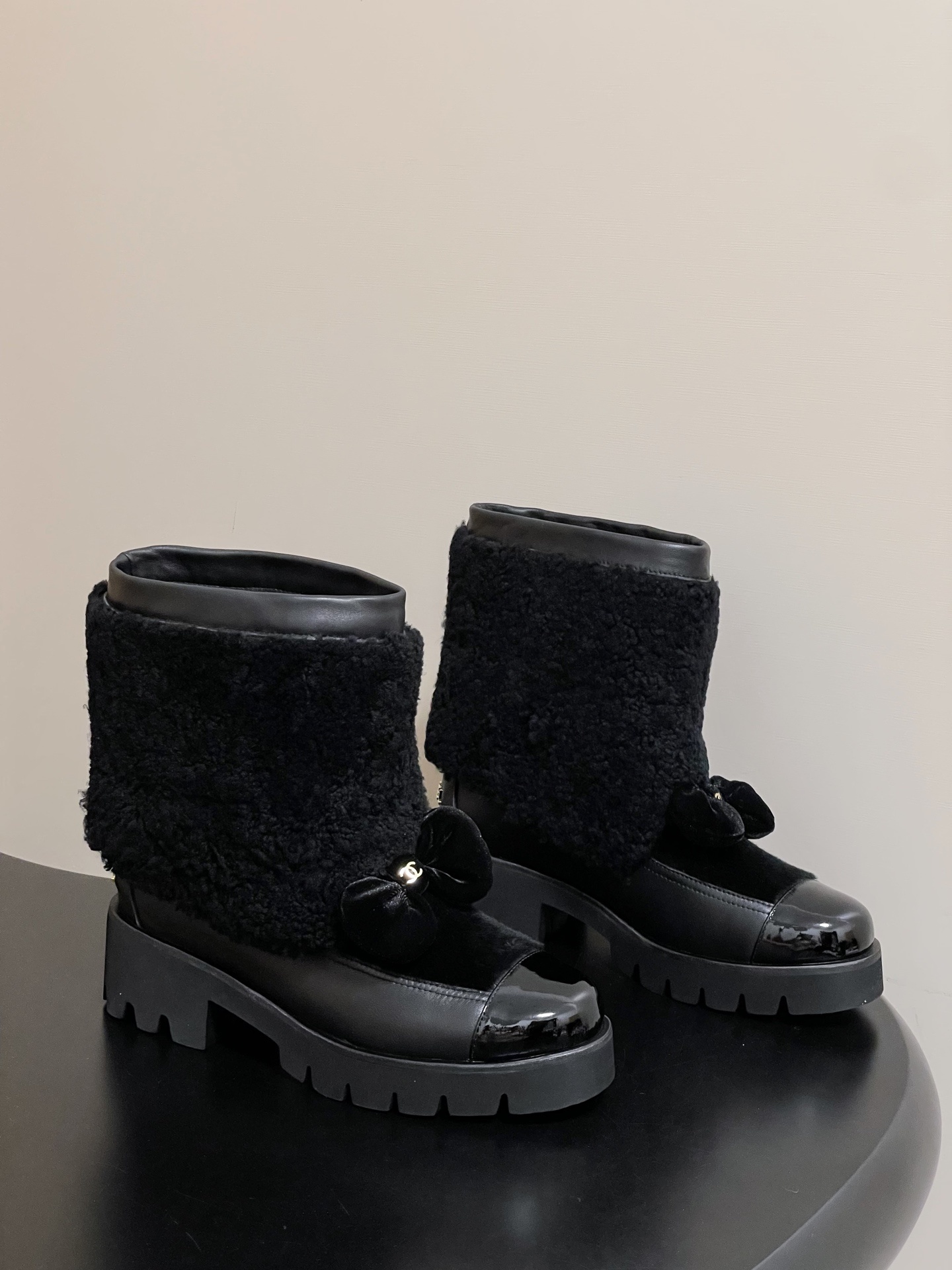 Luxury Black Shearling Ankle Boots with Velvet Bow & Chunky Sole