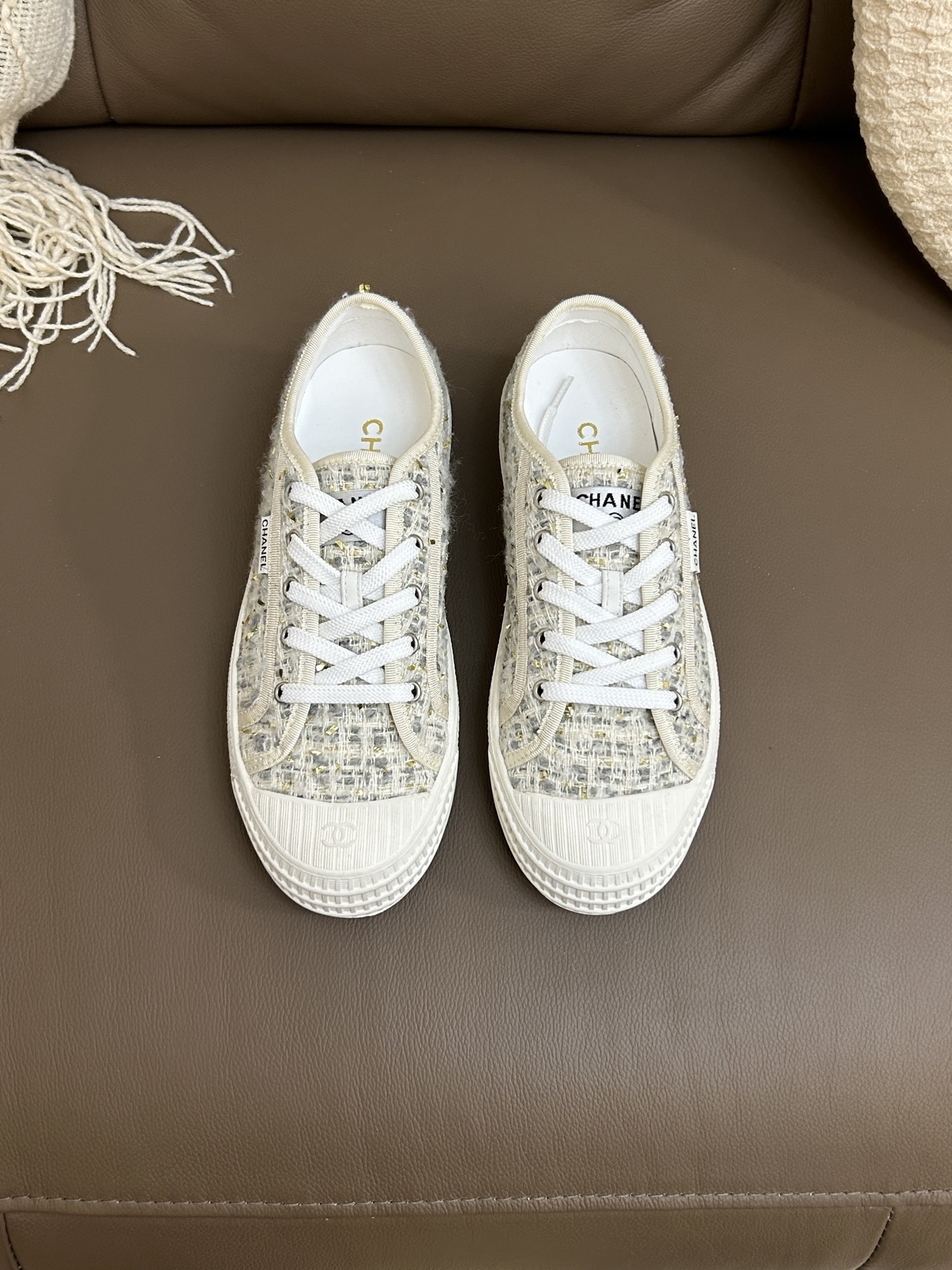 Chanel Tweed Low-Top Sneakers – Luxury Designer White & Gold Shoes