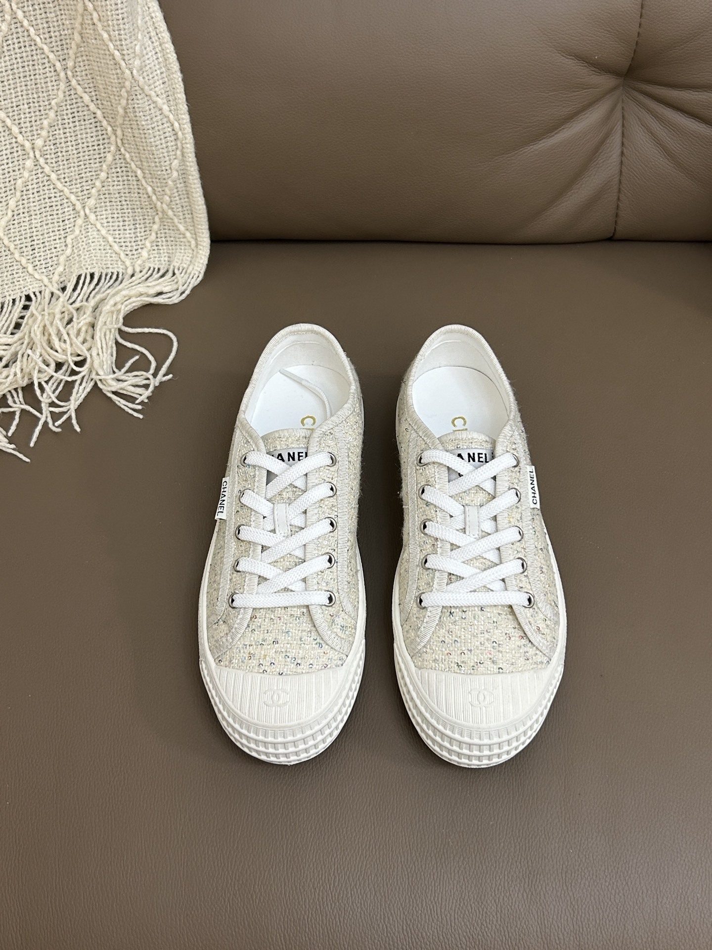 Luxury Chanel Style Tweed Sneakers – Women’s Beige Fashion Shoes