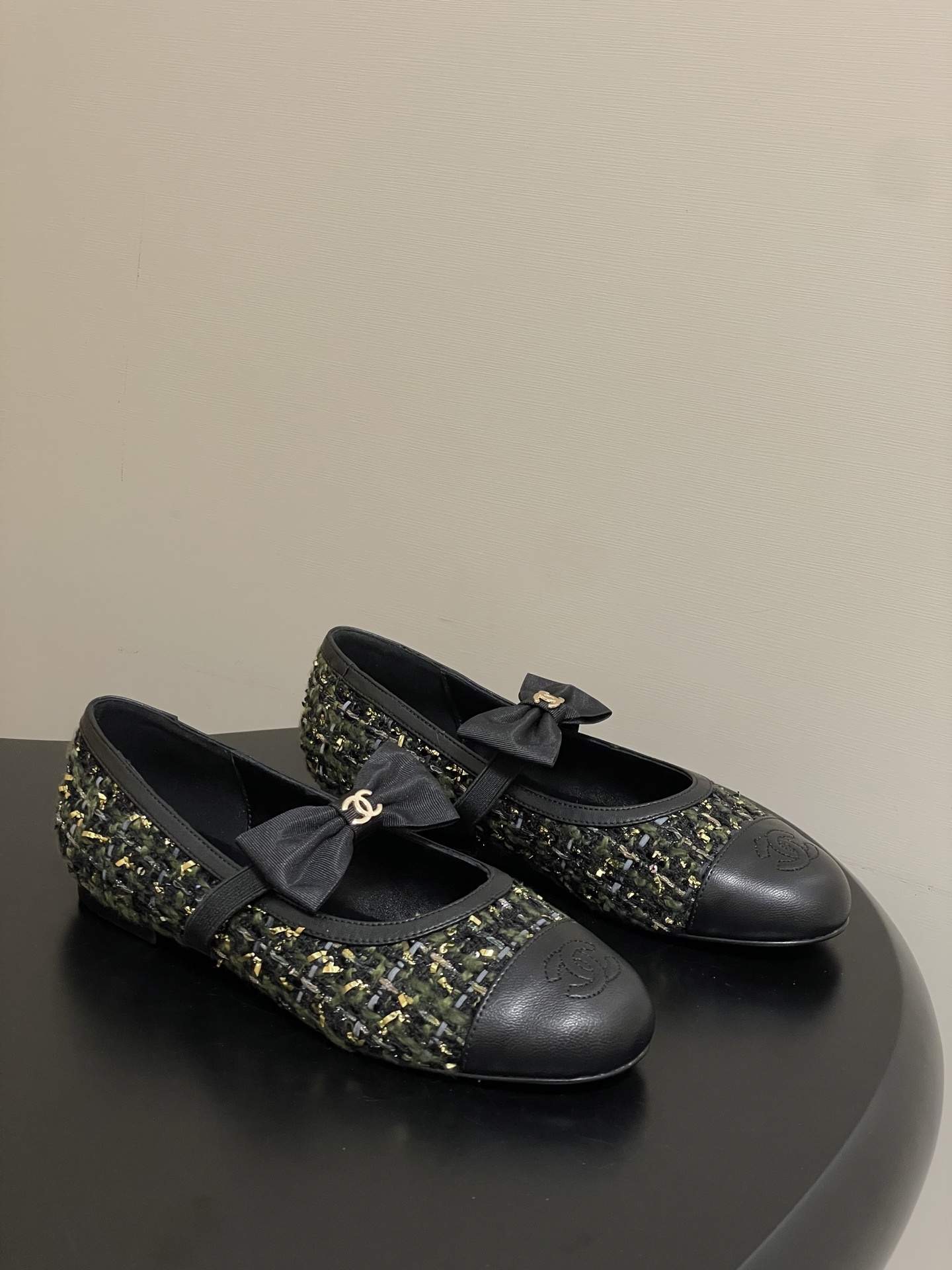 Chanel Tweed & Leather Ballerina Flats with CC Logo Bow