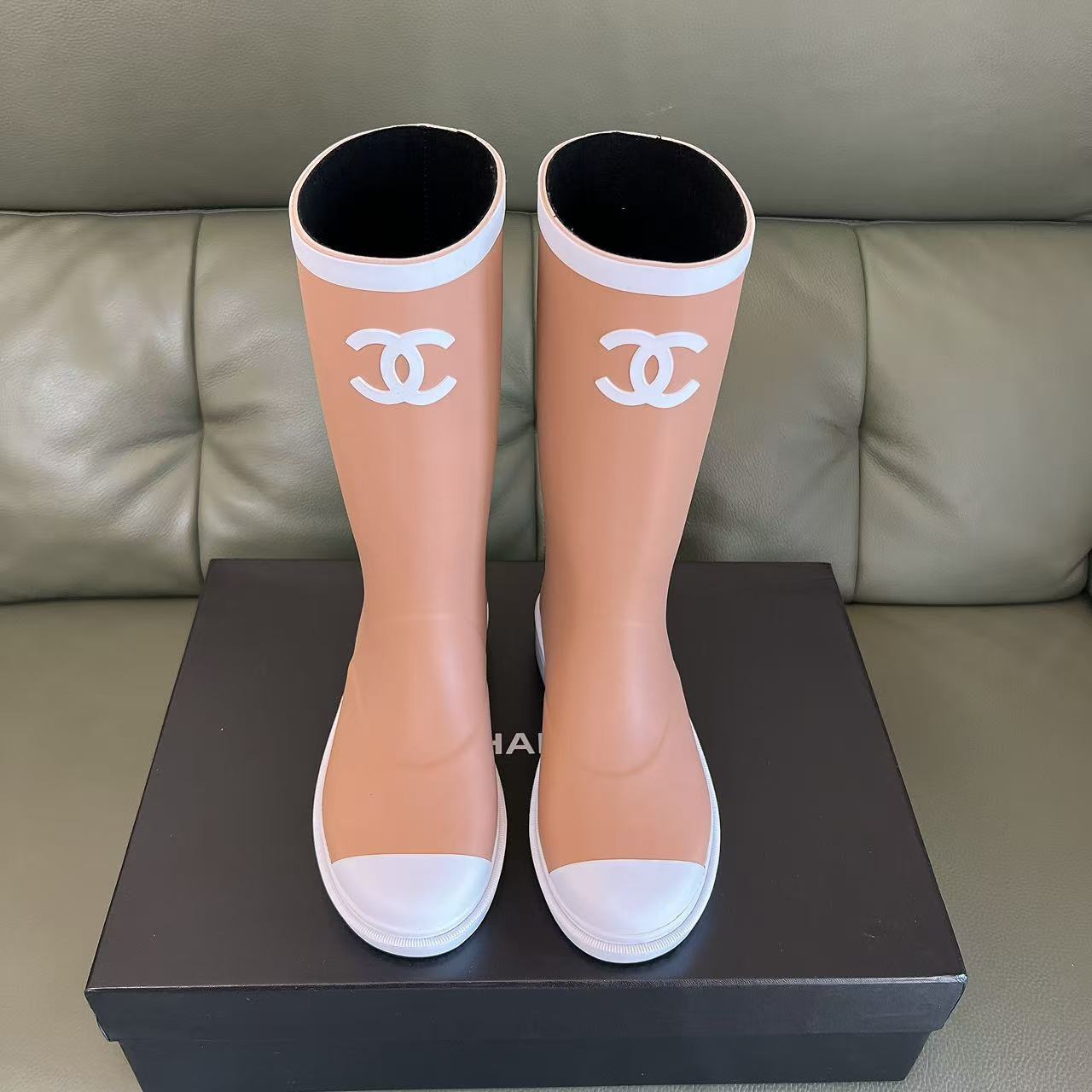 Elegant Tan Rubber Rain Boots with White Logo Detail