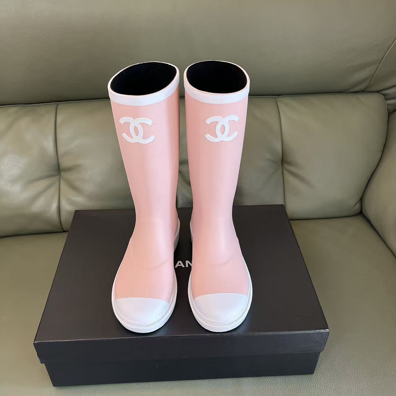 Luxury Chanel Pink Rubber Rain Boots with White CC Logo