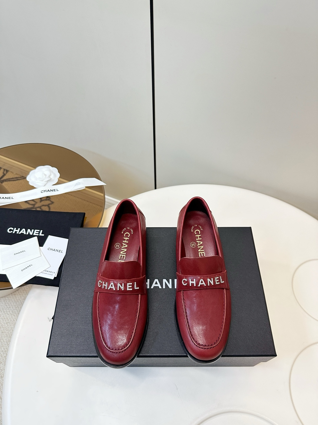 Chanel Red Leather Loafers with Crystal Embellished Logo