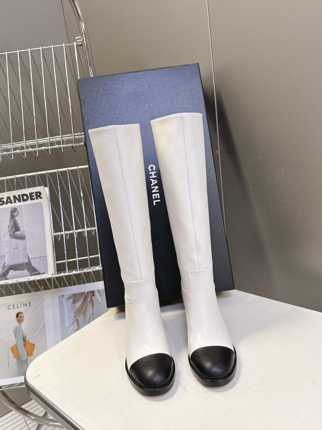 Chanel White Leather Knee-High Boots with Black Cap Toe