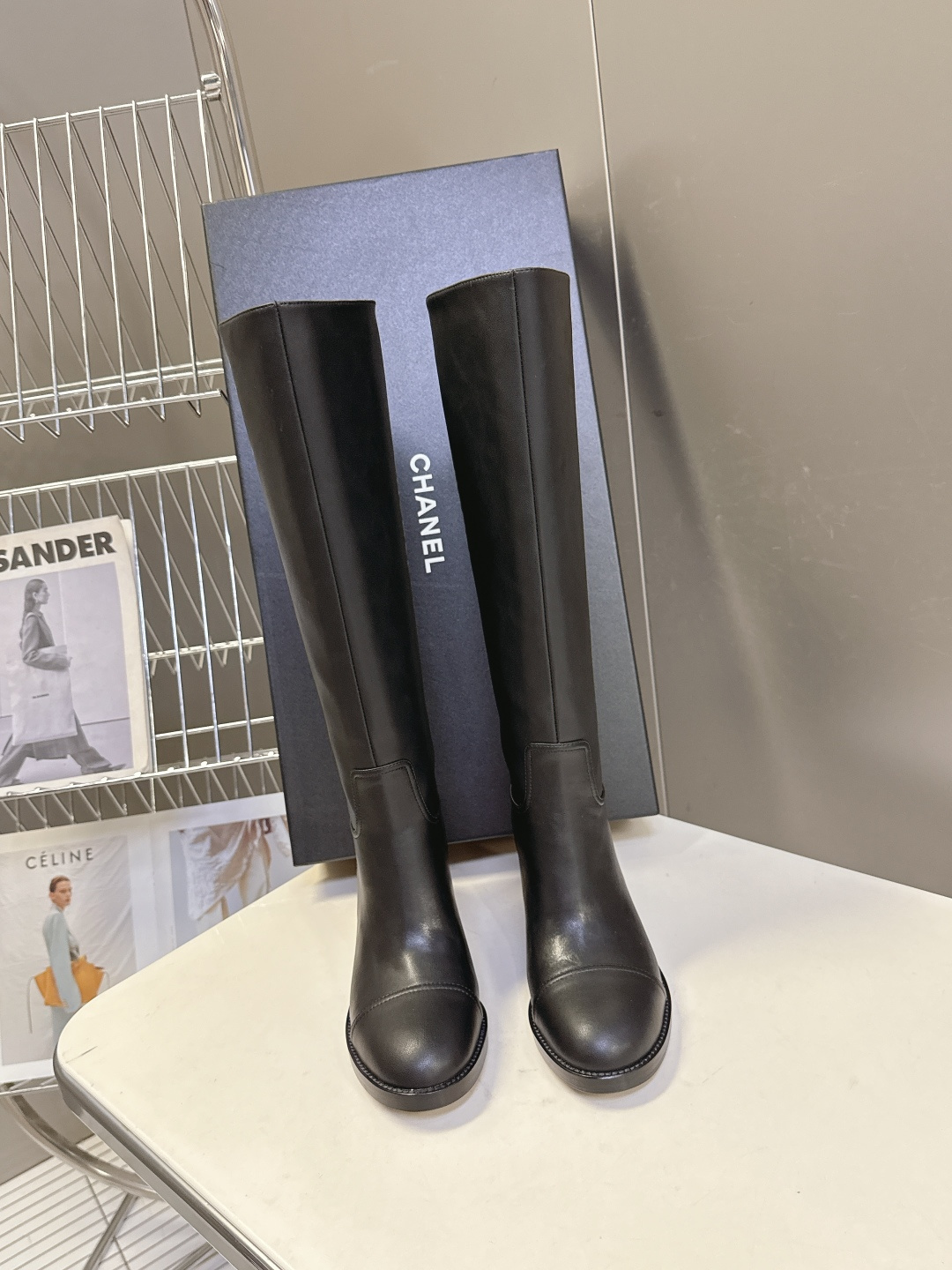 Chanel Black Leather Knee-High Boots with CC Logo & Block Heel