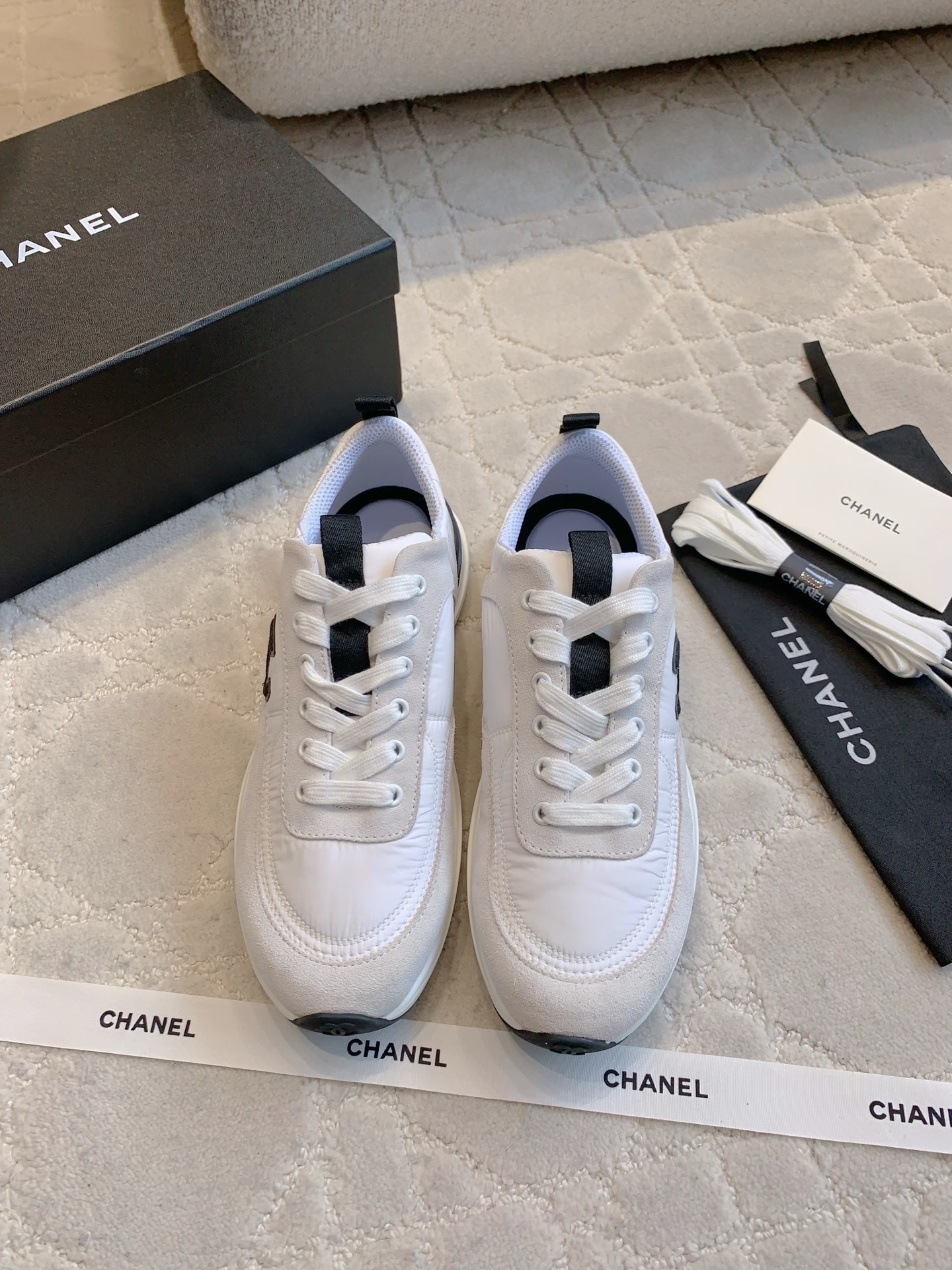 Chanel White Suede & Nylon Low-Top Sneakers with Black CC Logo