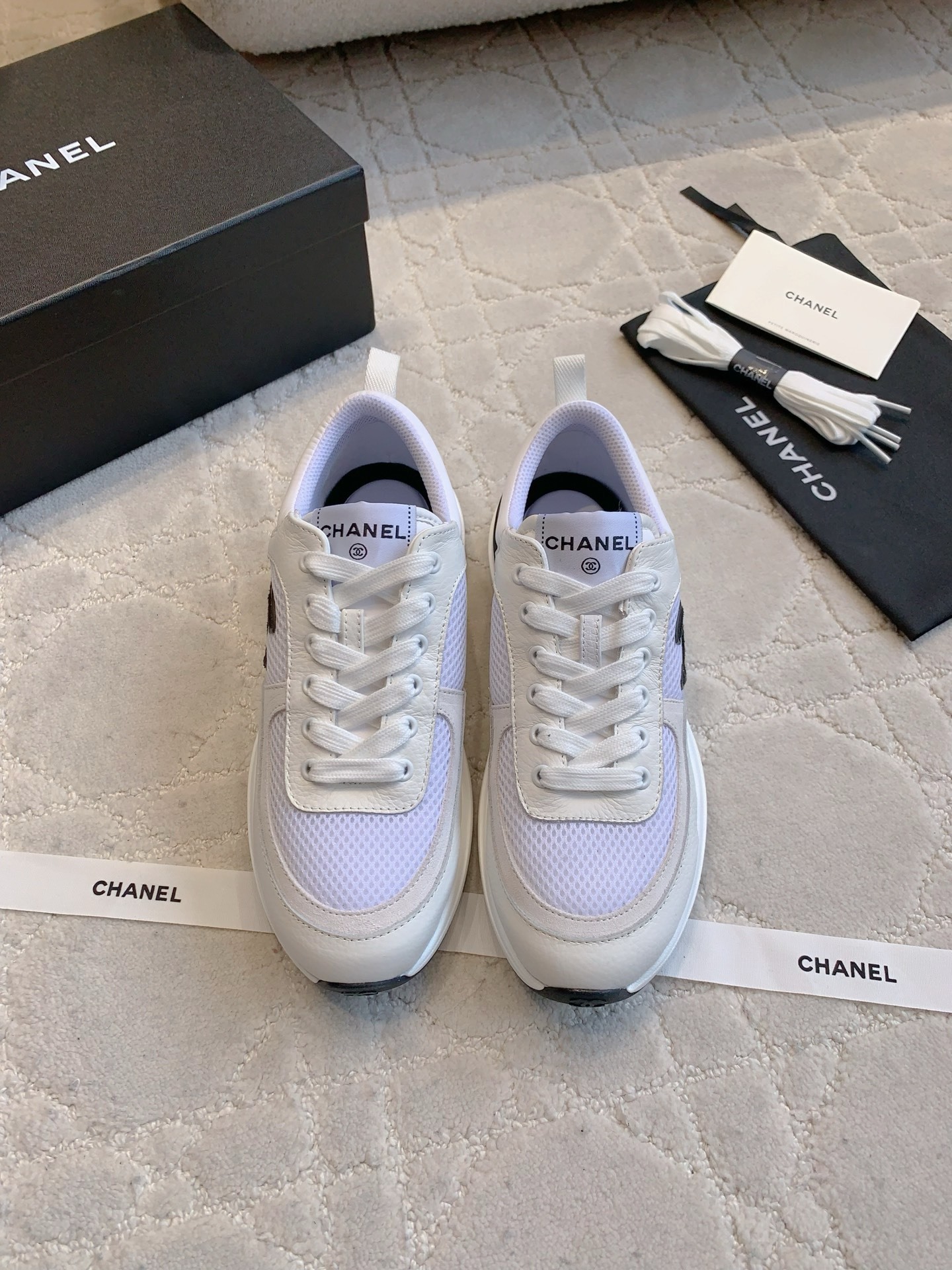 Chanel White Leather and Mesh Sneakers with Black CC Logo