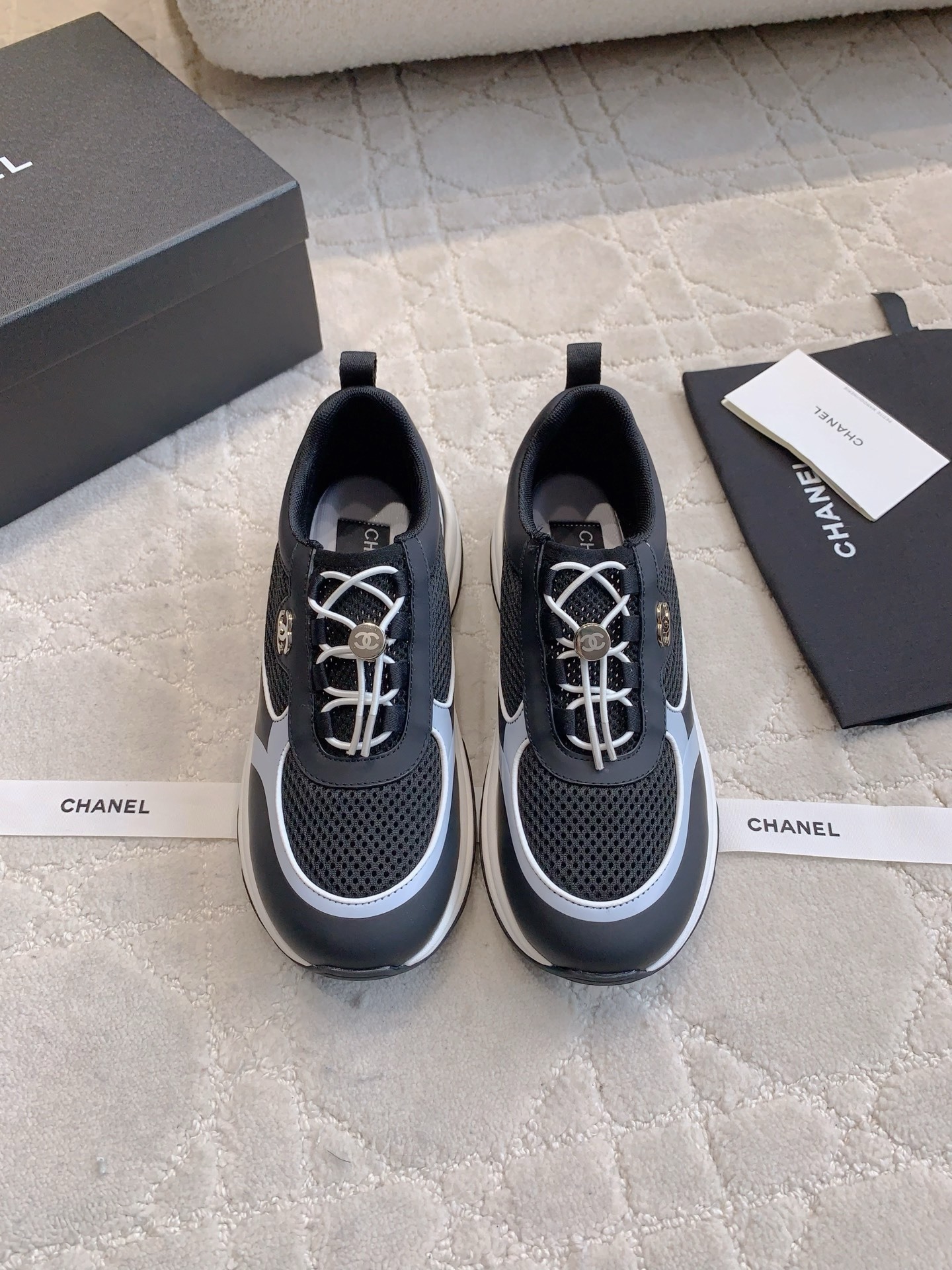 Chanel Luxury Mesh Sneakers – Black & White Designer Athletic Shoes