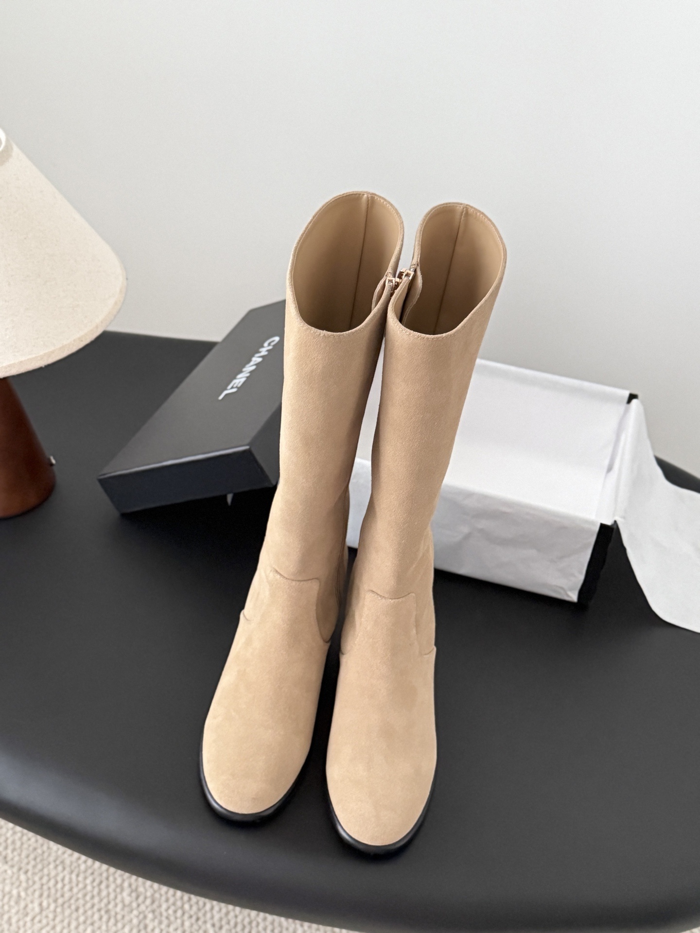 Premium Beige Suede Knee-High Boots with Elegant Block Heel