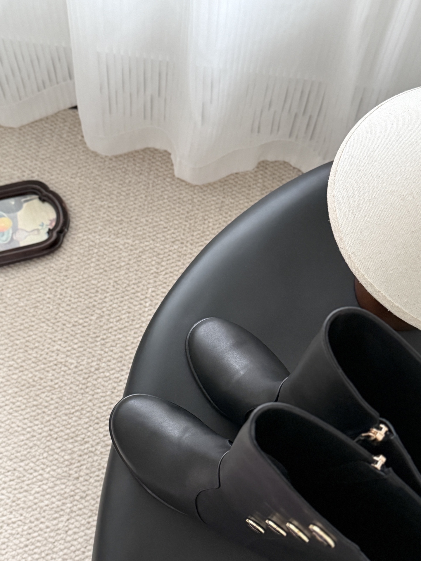 Elegant black Chanel leather mid-calf boots featuring gold-tone CC logo buttons and a block heel, displayed next to its original black Chanel box. - Hình 7