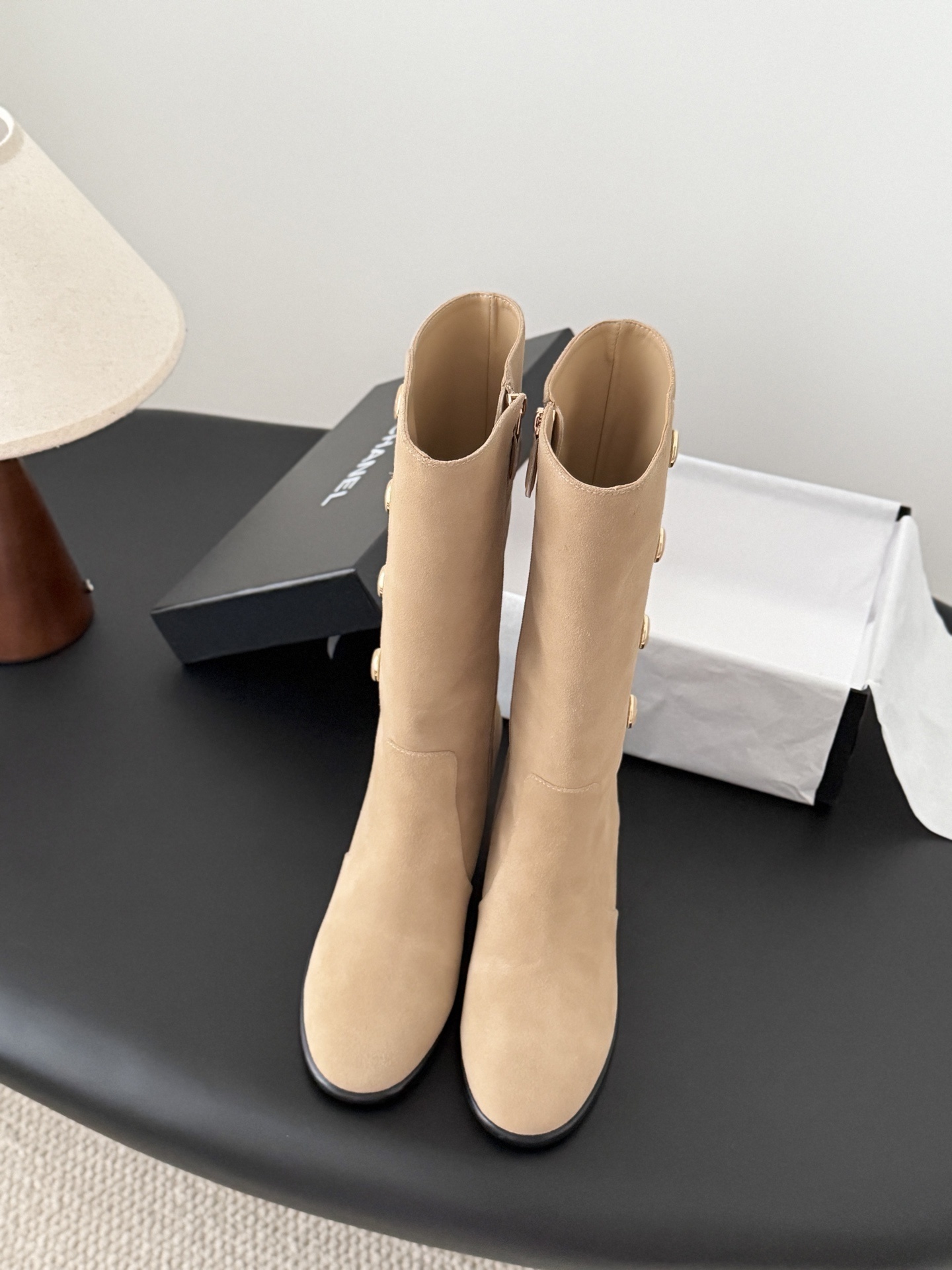 Luxury Beige Suede Mid-Calf Boots with Gold Buttons & Block Heel