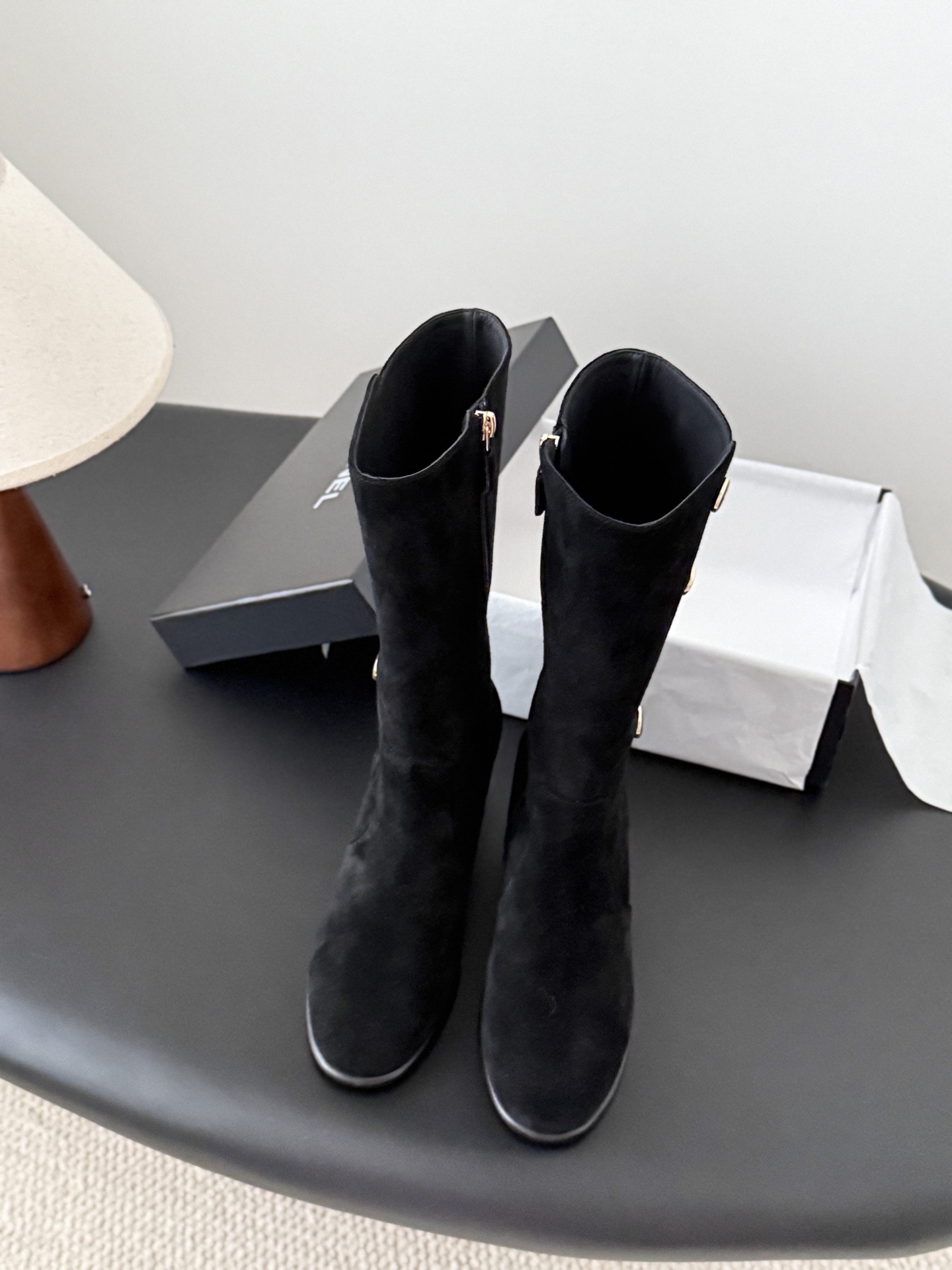 Luxury Black Suede Mid-Calf Boots with Gold Logo Buttons