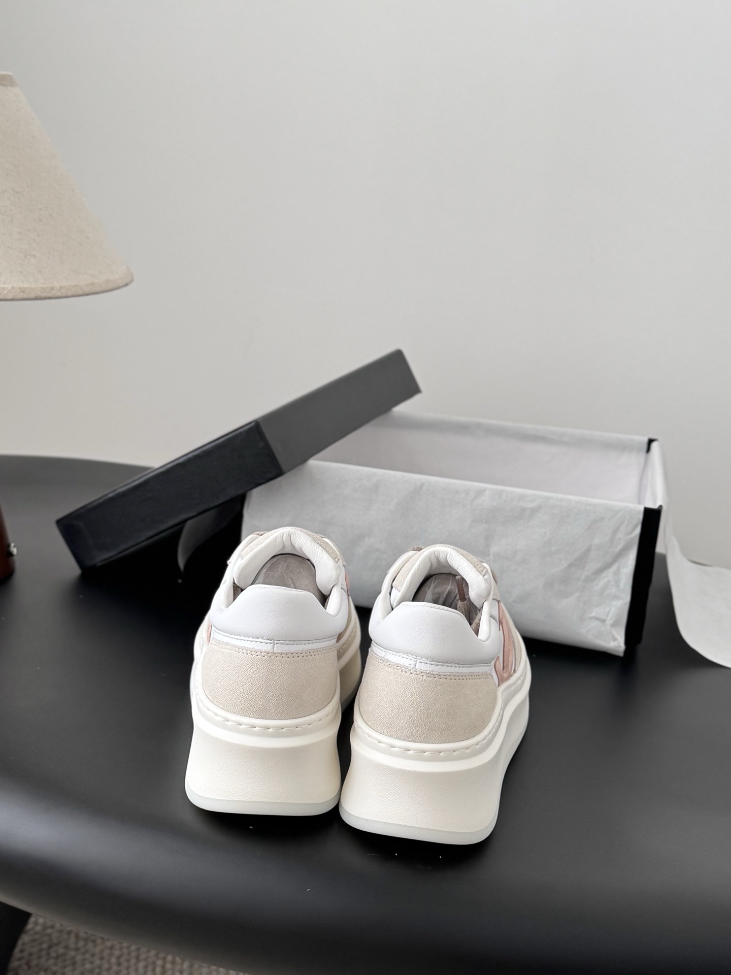 A pair of Chanel white and cream leather platform sneakers with pink interlocking C logo and original black box. - Hình 7